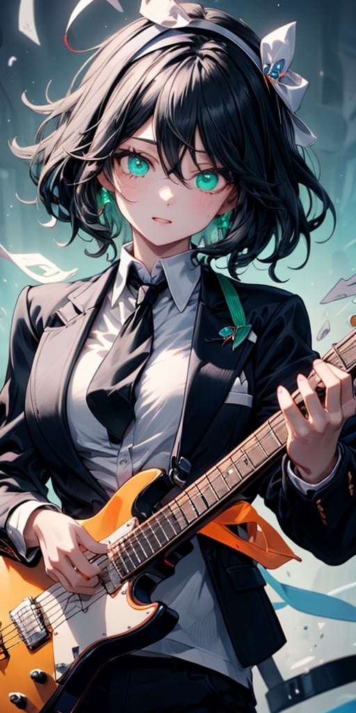 Masterpiece, ultra detailed, hyper high quality, quality beyond the limits of AI, the ultimate in wisdom, top of the line quality, 8K, 

1girl,  Girl playing guitar.
,furina

((black hair)), (emerald eyes),white hairband, white shirt, orange tie, black blazer, big breast, milf