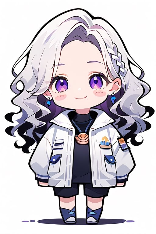 score_9,score_8_up,score_7_up, 
chibi, chibi style,

1girl,looking at viewer,blush,smile,simple background,white background,standing,full body,(hand down),shiny hair,blush stickers,no pupils,sturdy body,

(white hair), side_braid ((long wavy hair)), blue earrings, ((black shirt turtle neck)), ((long white jacket)), violet eyes, kugisaki nobara,