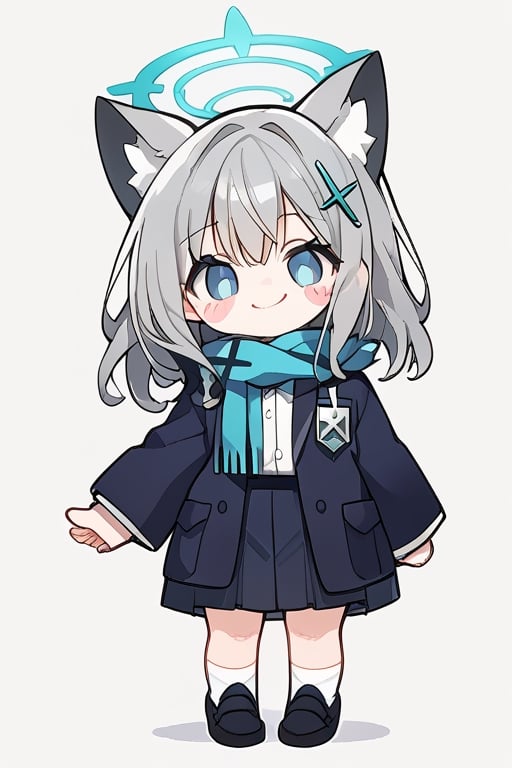 score_9,score_8_up,score_7_up, 
chibi, chibi style, 

1girl,looking at viewer,blush,smile,simple background,white background,standing,full body,hand down,shiny hair,blush stickers,no pupils,sturdy body,

shiroko_\(blue_archive\).blue_scarf, v, animal_ear_fluff,white_shirt, long_sleeves, school_uniform, blazer, open_jacket, black_jacket,halo


