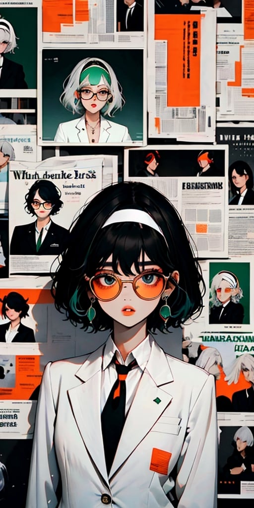 newspaper wall, glasses, parted lips, looking over eyewear, solo, upper body, 1girl, necklace, earrings,  looking at viewer, red-tinted eyewear,

((black hair)), ((short hair)), (emerald eyes),((white hairband)), ((white shirt)), orange tie, ((black blazer)), big breast, milf, mature face

,newspaper wall