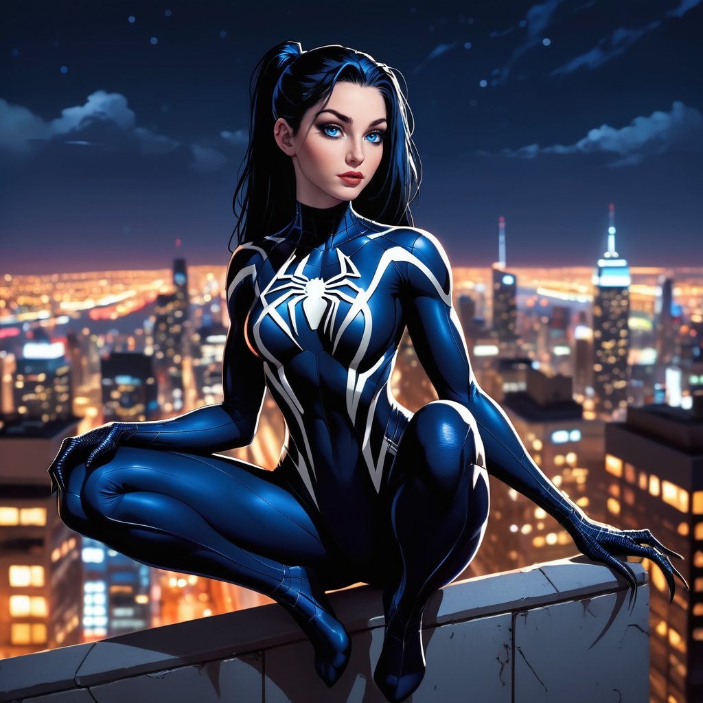 1girl, long dark blue hair, ponytail,wearing venom spider man bodysuit,sitting on top of building, background city lights,night time,big sky,stars,,Thick waifus ,Classic Anime Style SDLX