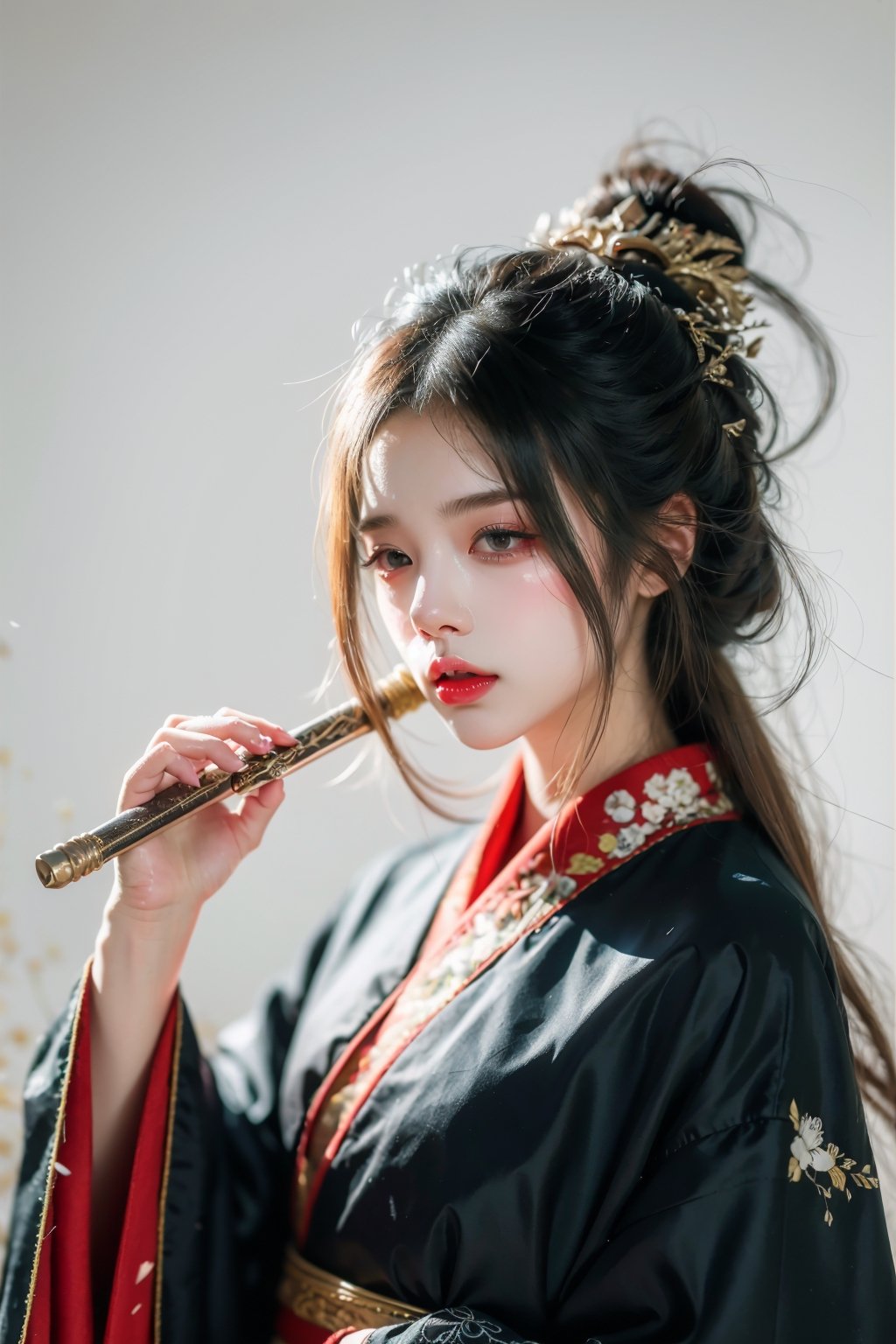 muelsyse (arknights),1girl, solo,hanfu,chinese clothes,splatter background, holding sword, best quality, amazing quality, very aesthetic, absurdres,Detailedface