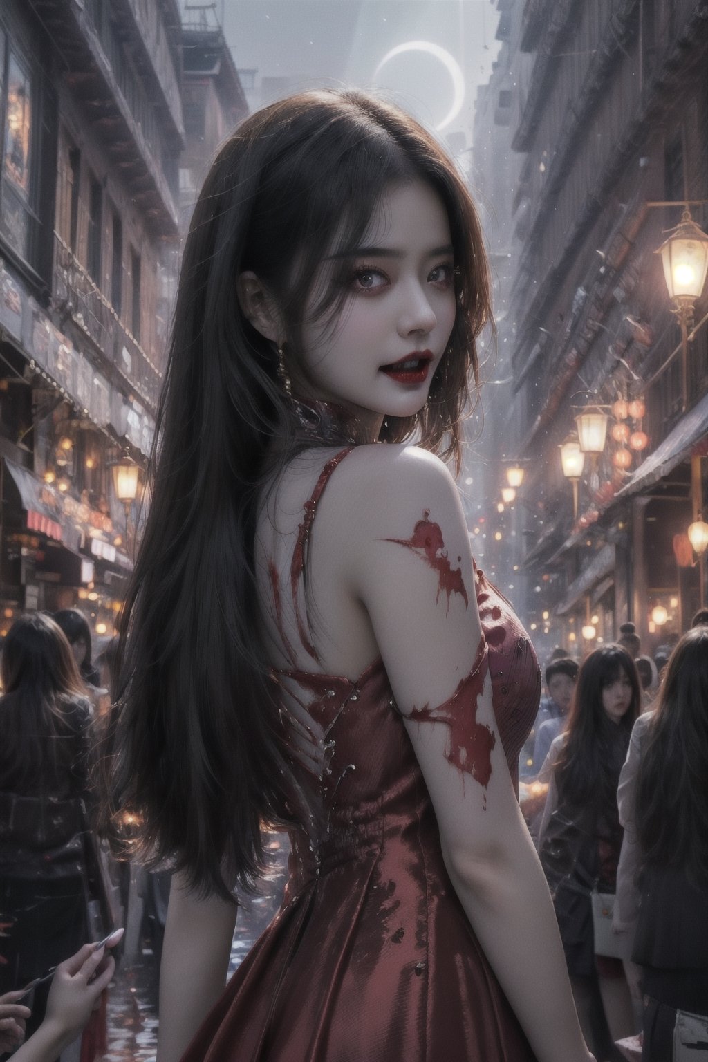 masterpiece,full body portrait,surrealism,best quality, top quality, ultra highres, 8k hdr, 8k wallpaper, RAW, huge file size, intricate details,sharp focus,natural lighting, professional,amazing,finely detailed,delicate, realistic,cinematic light,1girl,solo,expressionless,Side ponytail,((fangs)),blood red hair,Blood red lipstick,portrait,(vampire),((Slightly raised mouth: 1.3)),ruined city,blood red moon, very detailed facial details, noble temperament,perfect body proportions,red hair, evening dress,short skirt, black pantyhose, fangs, floating , looking at the viewer, moonlight, night, bloody stream, blood on face, evil smile, from below, blood, streaks of blood in the air, river of blood, more details,ll-hd,治疗,cute,COS,清纯美少女,清纯,bzsohee,Wusiii