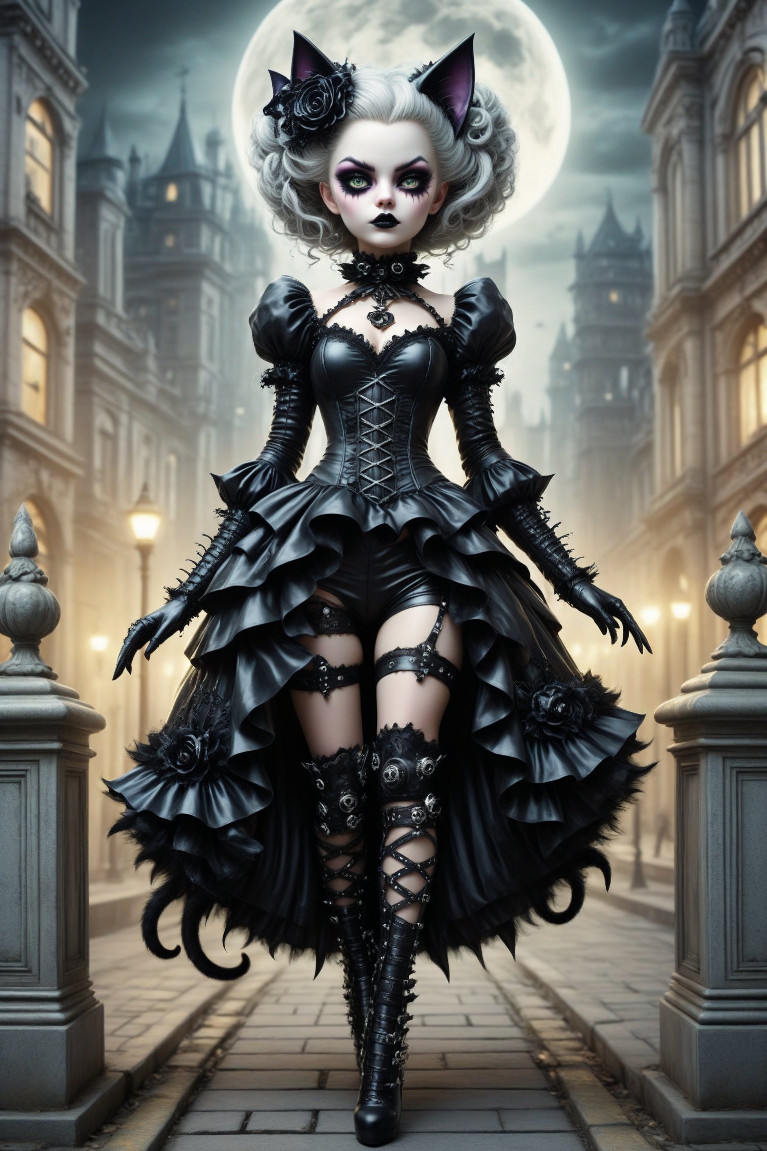 full body shot, action shot, a beautiful stunning cat woman, a fusion of elaborate gothic, punk rococo, gothic, lolita and punk. she has large, round cat eyes. she has elaborate gothic make-up, cat ears, she is walking on the edge of a high rise buliding at night, perfect female anatomy, goth person, pastel goth, dal, Gaelic Pattern Style,