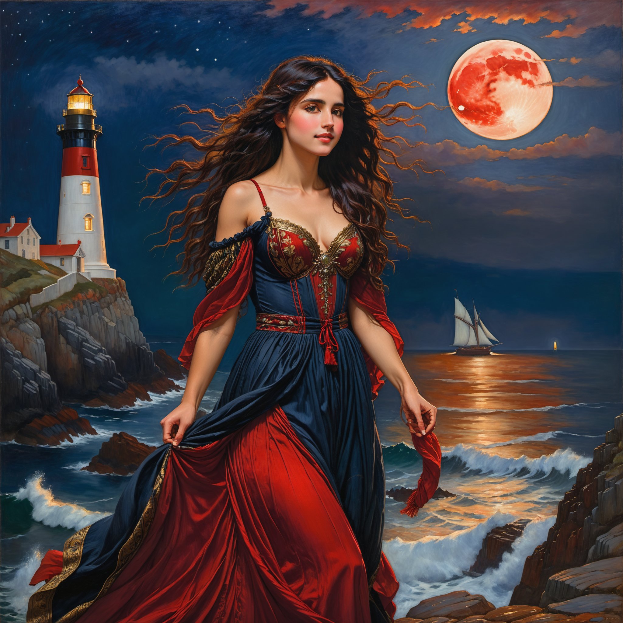 full body portrait, side view, extreme long shot inspired by john william waterhouse, pre-raphaelite, a beautiful tall pre-raphaelite woman is smiling closed mouth with long curly jet black hair and a black and red elaborate pre-raphaelite gown is walking near a lighthouse on a cliff overlooking the ocean at night. her hands have twelve fingers. the detailed background is of a realistic rocky rugged coast. there is a full moon high in the sky. john william waterhouse, pre-raphaelite