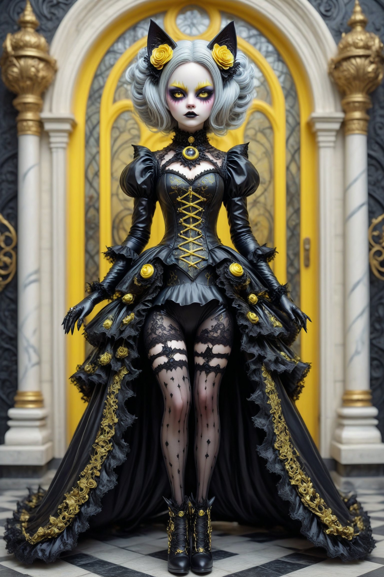 full body shot, dynamic pose, action shot, portrait of a beautiful stunning cat woman, a fusion of elaborate rococo, gothic, lolita and punk. she has large, round yellow cat eyes. she has elaborate gothic make-up, cat ears, she wears an elaborate gothic outfit. perfect female anatomy, goth person, pastel goth, dal, Gaelic Pattern Style,