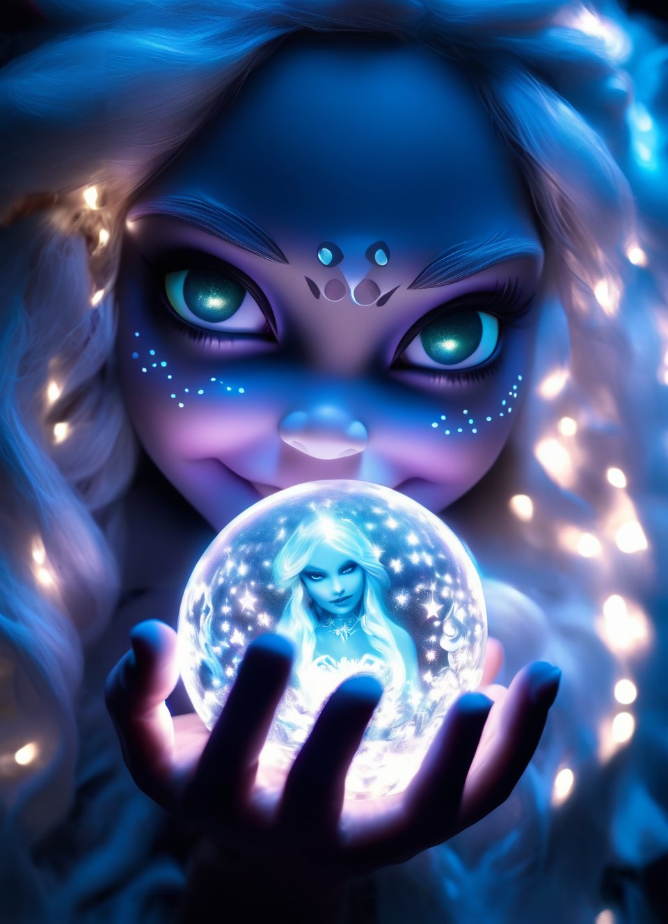 close up portrait (sacred night and elf puppet),(ultra-fine HDR), extremely delicate and beautiful girl, hands not in portrait, glowing intricate round human detailed eyes, glowing tattoos on face, glowing floating translucent irridescent orb, big long white hair, 