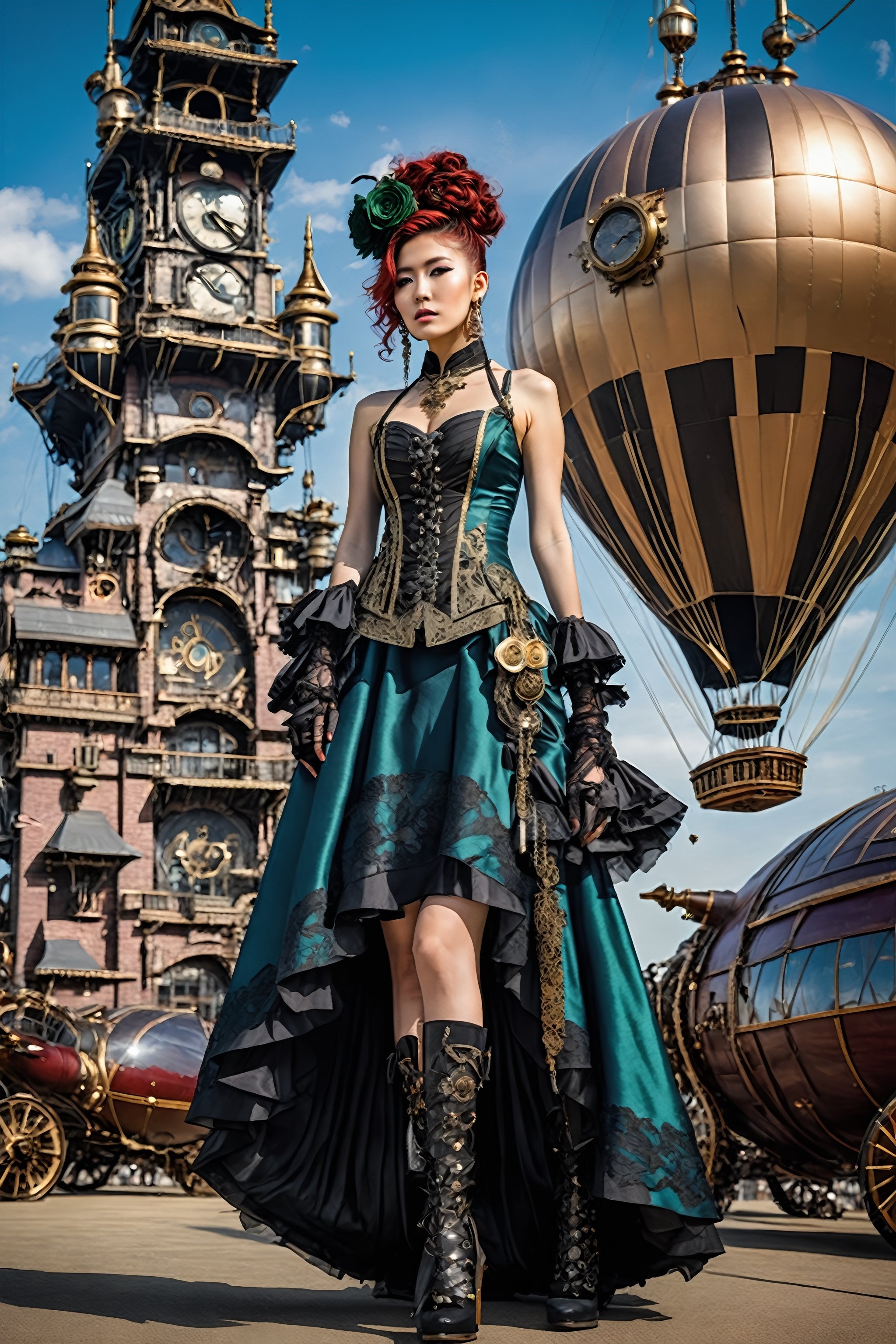 Envision a futuristic-Victorian-steampunk fusion world,  where the grace of passion flower and black roses featuring cutti...