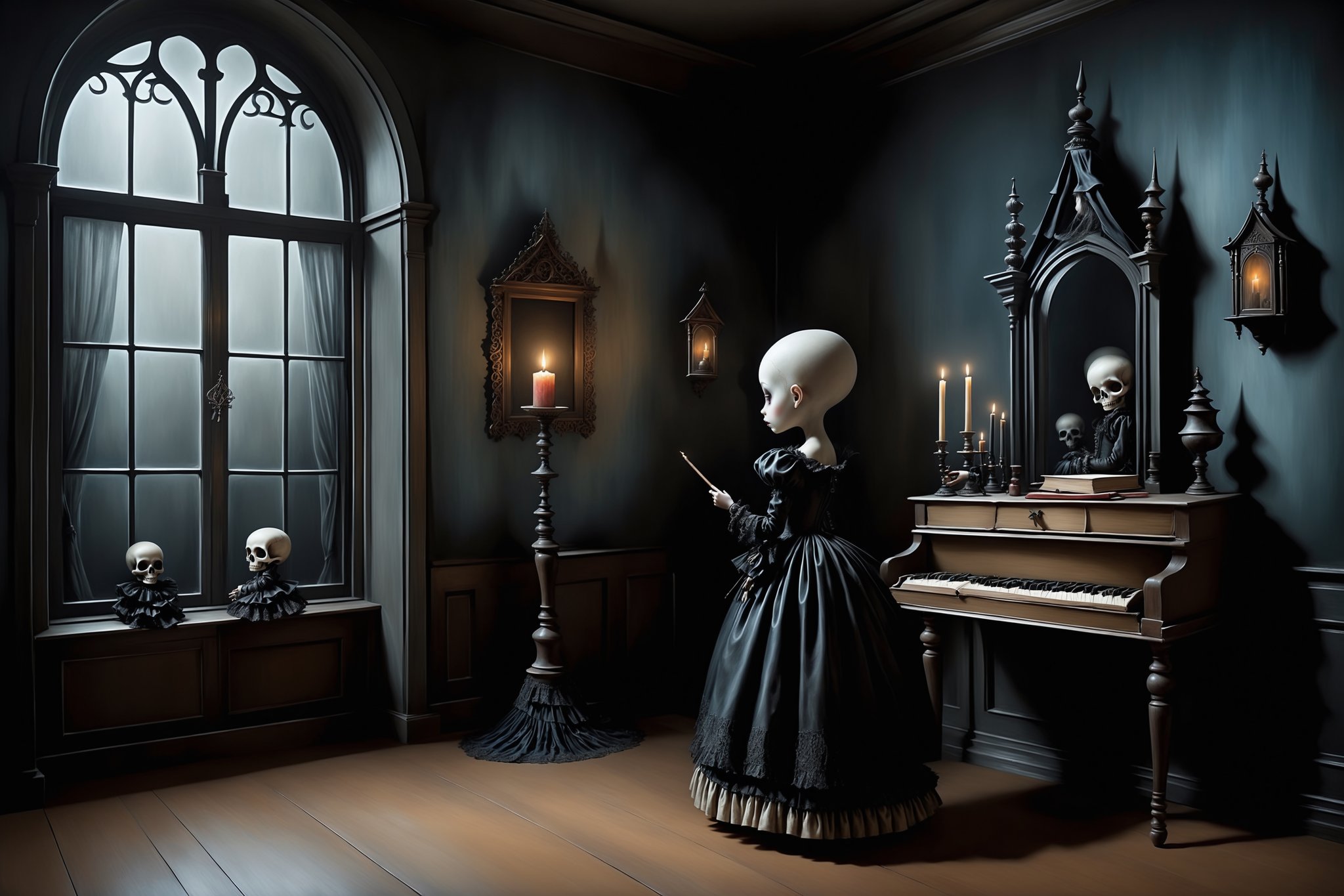 Cinematic scene - long shot, a gothic small girl wearing elaborate gothic lolita dress, gloves, in her gothic room casting spells, in the style Nicoletta Ceccoli, Mark Ryden and Esao Andrews. minimalist style. a detailed elaborate gothic bedroom. dark gothic william morris wallpaper, creepy paintings, dolls, ancient leather spellbooks, candelabra, skulls, witch brooms, ghosts. midnight. dark outside. full moon visible through large window. in the style of Esao Andrews, Nicoletta Ceccoli, REALISTIC