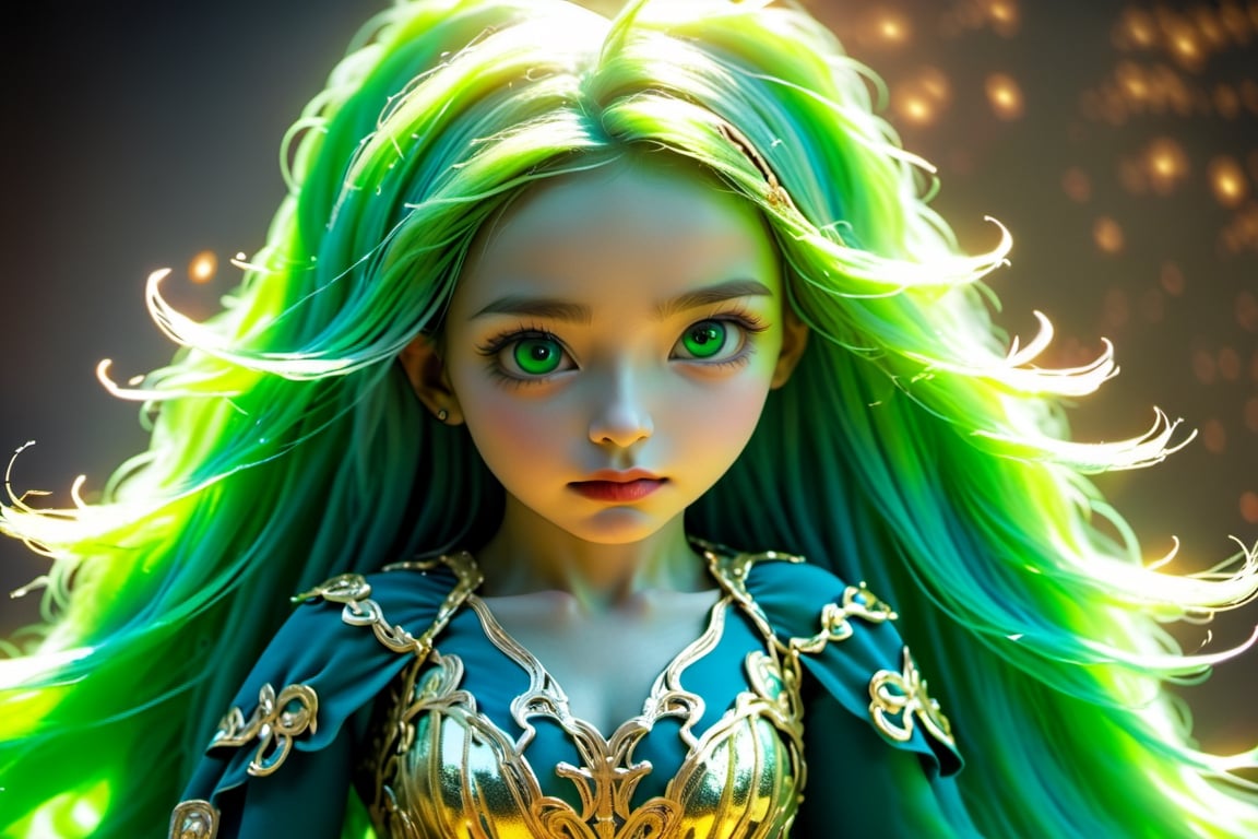 long shot of a powerful emerald sorceress,  she is a young 17 year old woman with ice green eyes that glow,  she has very...