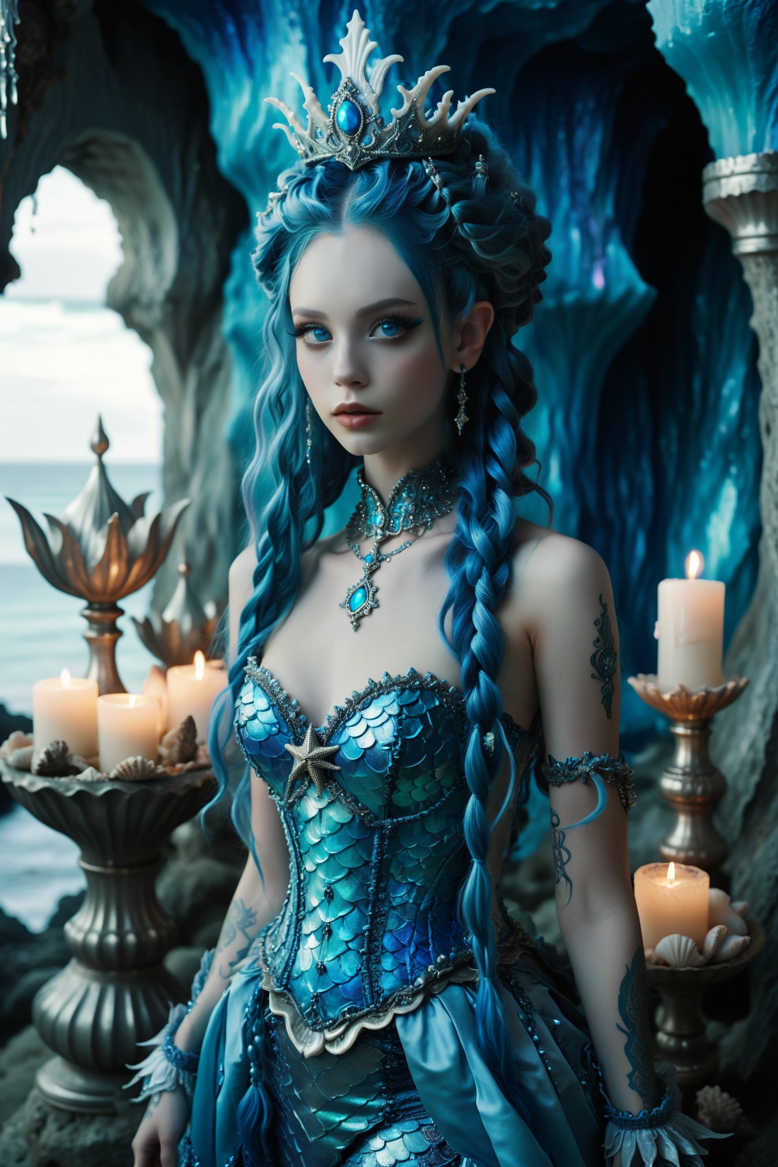 1girl,solo,full body shot of a mermaid princess, in elaborate mermaid style form fitting fashion. gown, crown made of shells, blue and silver colors, sleeveless elaborate rococo corset-style bodice. extremely long vivid blue hair in elaborate braids and buns. Large expressive blue eyes, light blue skin, Opulent sea cave dwelling backdrop with candles, sea trinkets, seahorses, starfish, Soft, dreamy lighting. Blend of kawaii, gothic, royal, and Arabian Nights aesthetics