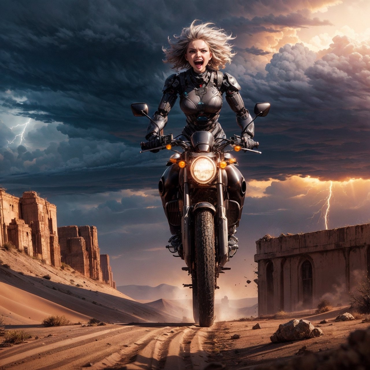 long shot of a 20 foot tall giant android humanoid female robot walking across the desert sand menacing and terrifying. th...