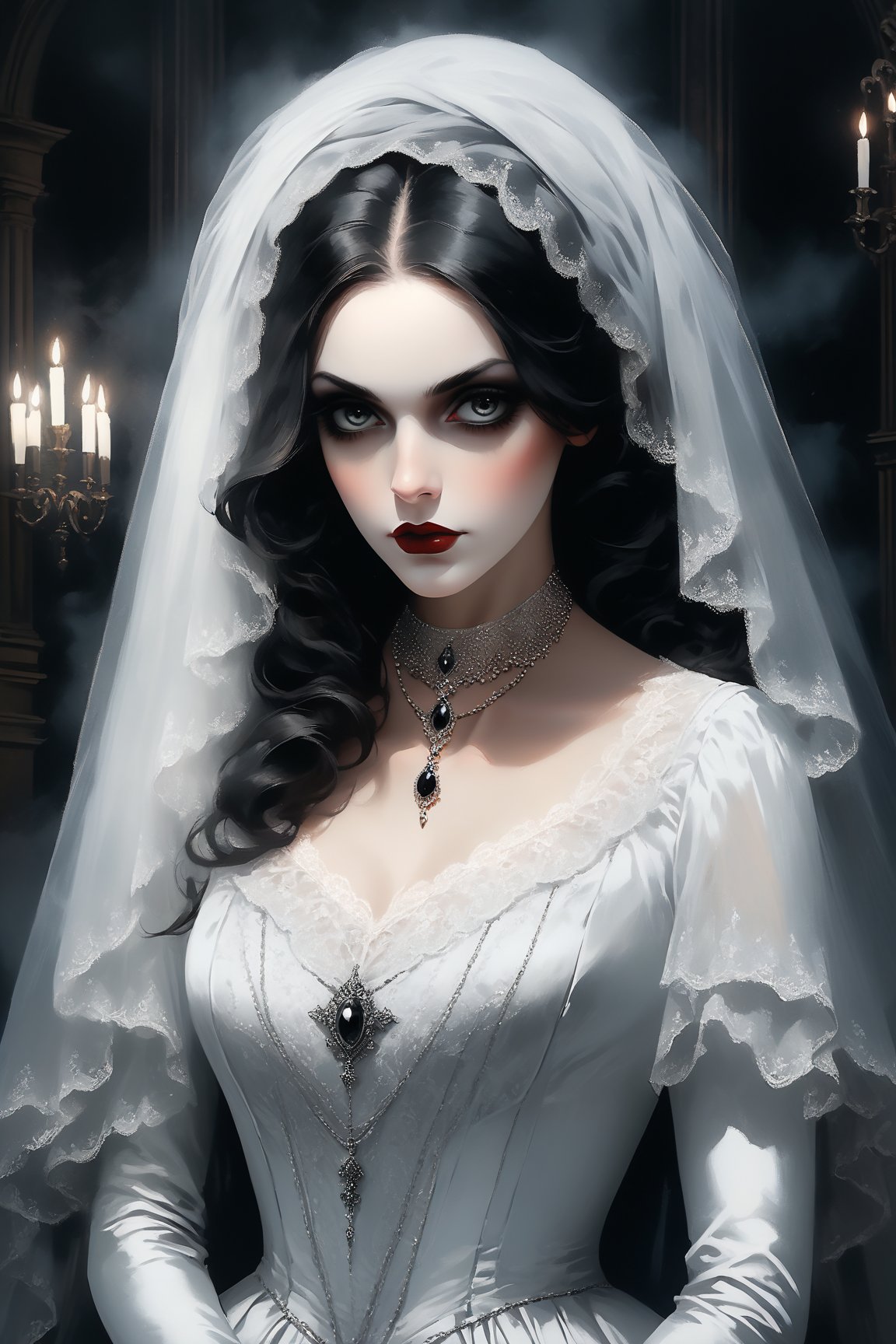 portrait of a sexy beautiful woman dressed in a long elaborate gown,  resembling ghostly figure. She is wearing a black ve...