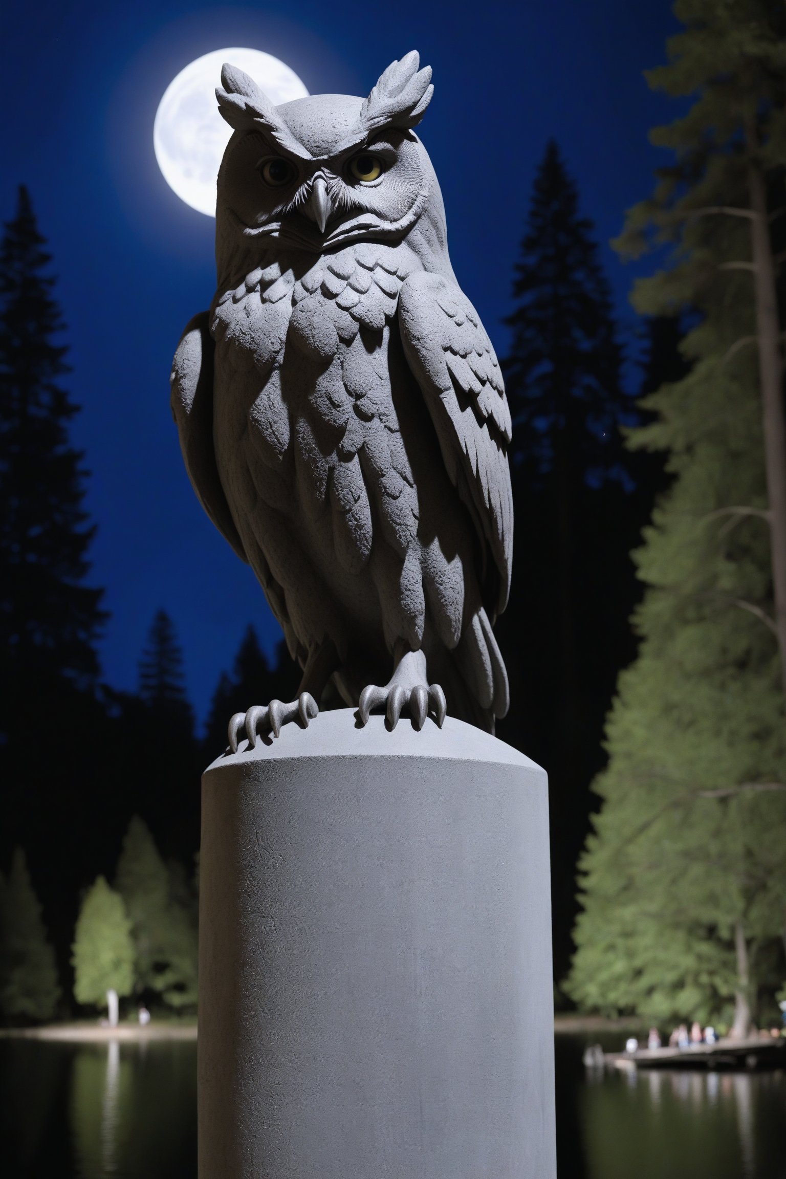 bohemian grove 30-foot (9 m) owl statue made of concrete stands at the head of the lake in the Grove,  night,  full moon b...