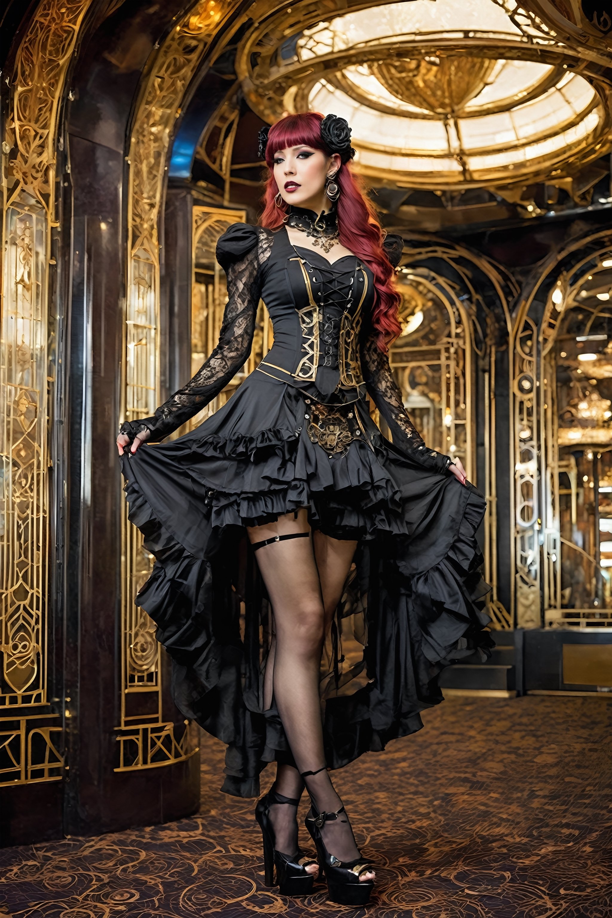 Envision a futuristic-gothic lolita steampunk fusion clothes featuring cutting-edge synthetic materials,  embroidered silk...