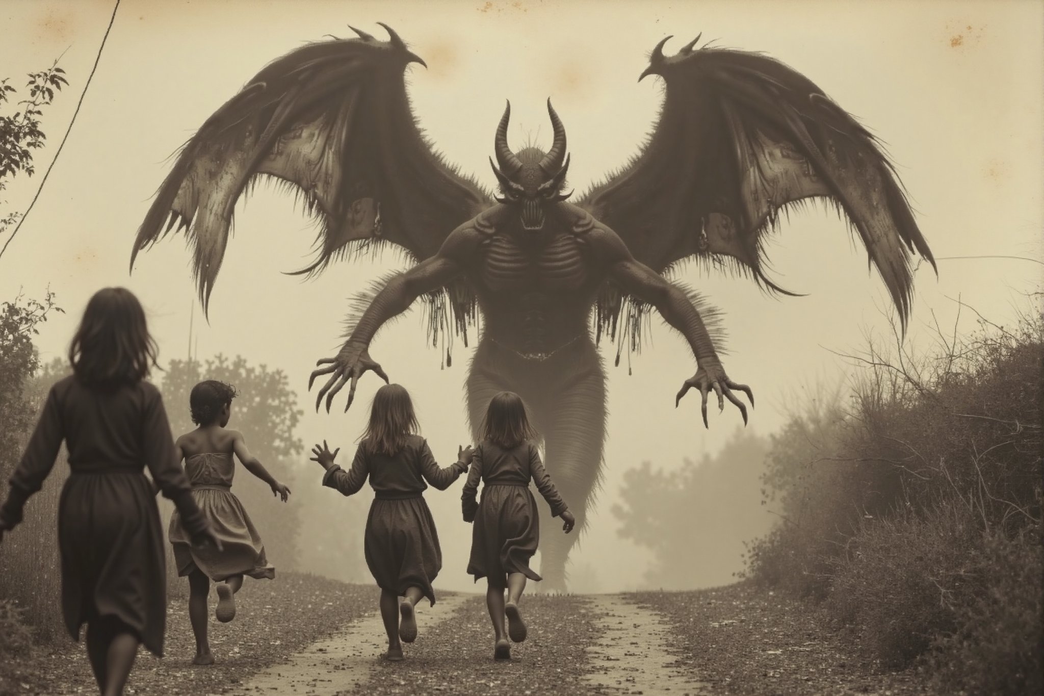 long shot, full body shot, a realistic, detailed, photograph, b&w black and white sepia photo, showing a large giant female fire demon, horrific, scary demon, entity about 20 feet tall, demon wings, long hands, long fingers, with sharp claws. the demon's arms are outstretched, she is running after a group of small peasant children about 3 feet tall, they are terrified, scared, horrified. the demon is evil, scary and meanacing. the demon wants to catch and torment the children. the atmosphere is eerie, horrific, fearful, scary,