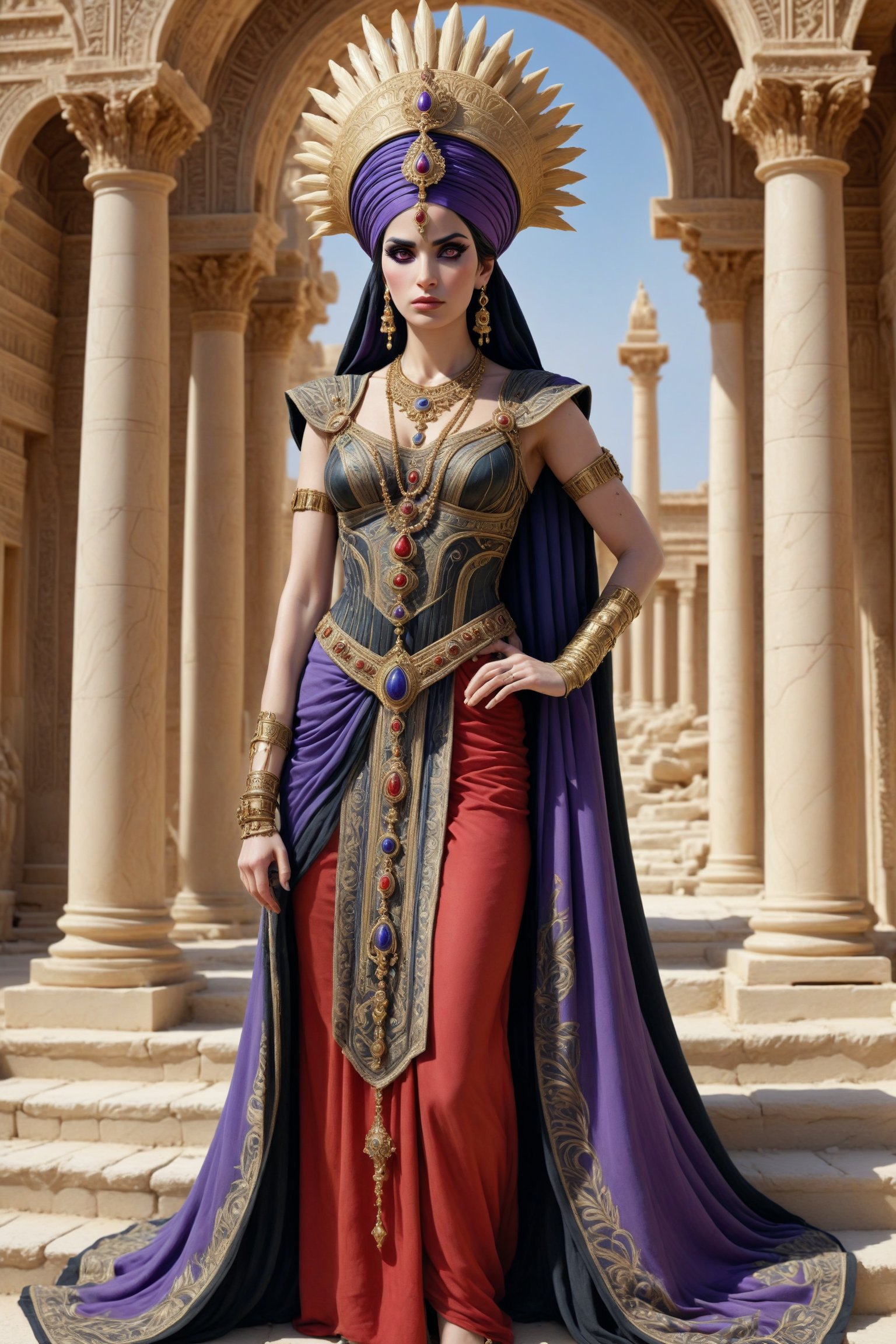 Cinematic scene - waist shot of Septimia Zenobia, a beautiful syrian queen in palmyra Syria in the third century c.e in a fusion of elaborate rococo, persian middle eastern parthian style and Greco-Roman and gothic punk. she has jet black hair. she has round large big copper eyes, she wears an elaborate middle eastern parthian style and Greco-Roman inspired royal gown in rich vibrant colors of red, purple, white gold, and black. she wears a turban, head ornament, crown and long shawl and an ancient syrian queen's head dress. elaborate earrings, necklaces and wrist cuffs made out of gold, lapis lazuli, amethyst. roman sandals on her feet. she walks down the steps in front of a luxurious temple, the detailed background is of a magnificent temple with painted columns. tall and small palm trees, statues, in the desert in the 3rd century a.d. perfect female anatomy, goth person, pastel goth, dal, Gaelic Pattern Style, 