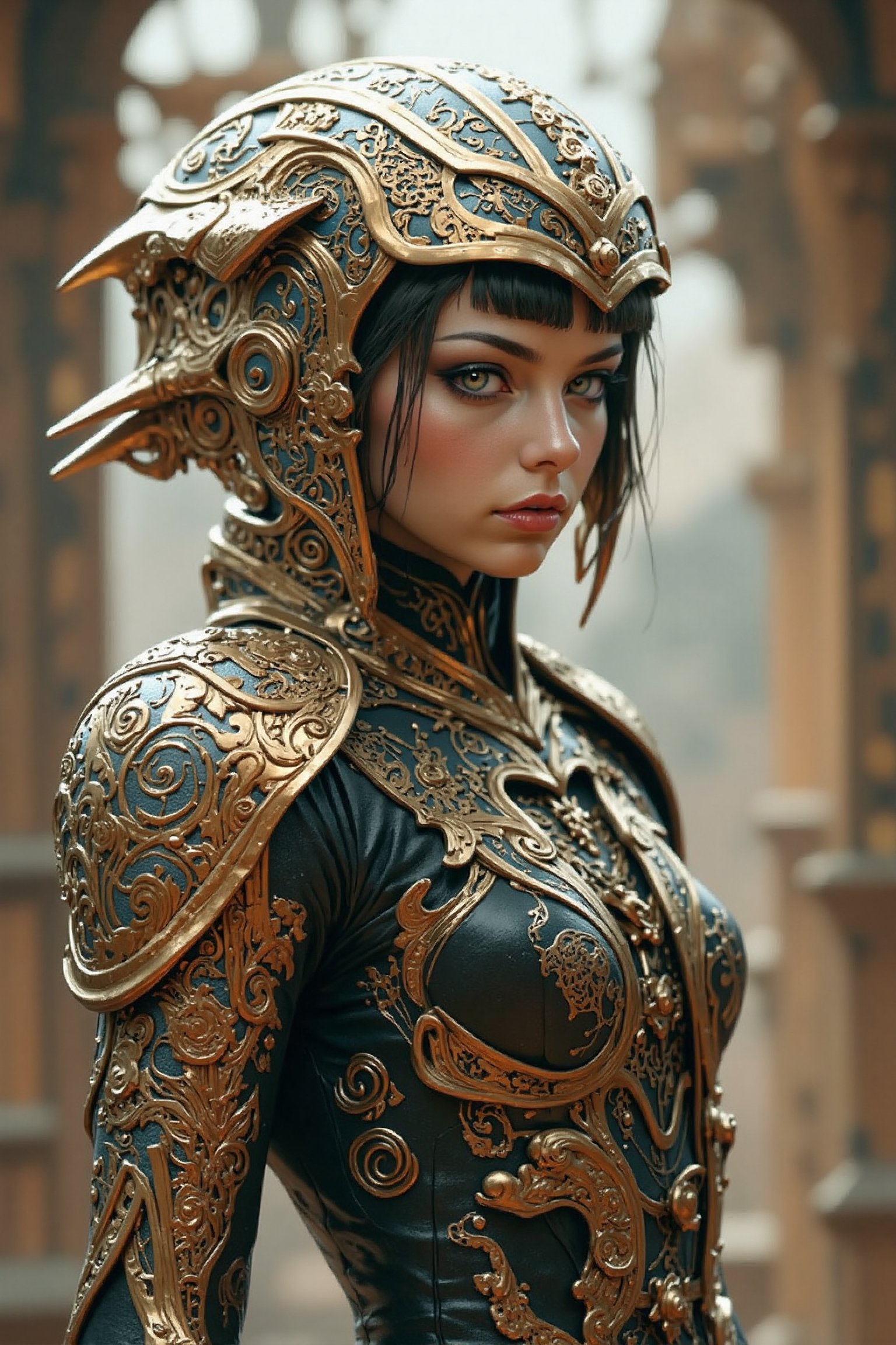 Create an attractive,  beautiful female alien queen wearing an elaborate futuristic unique outfit and she is standing in a...