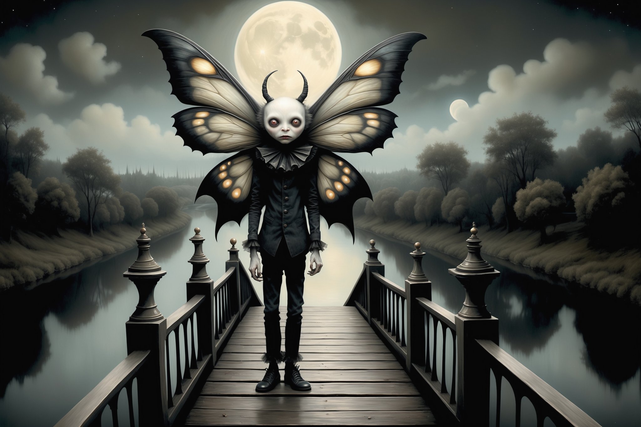 Cinematic scene - moth man scary monster moth wings,  black standing on a bridge over a river under the full moon in the s...