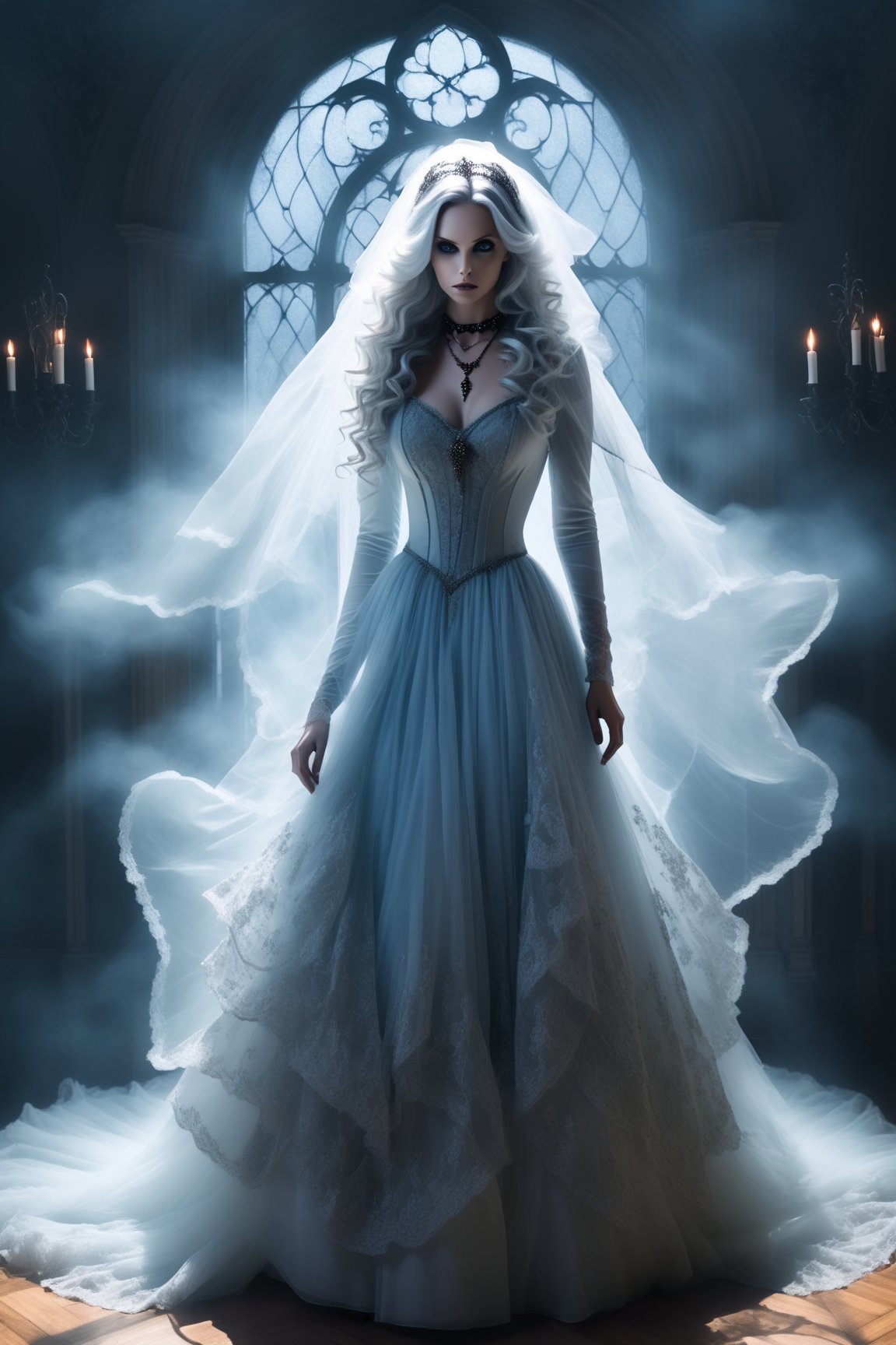 cowboy shot dynamic pose featuring a beautiful woman dressed in a long elaborate gothic gown,  resembling a ghostly figure...