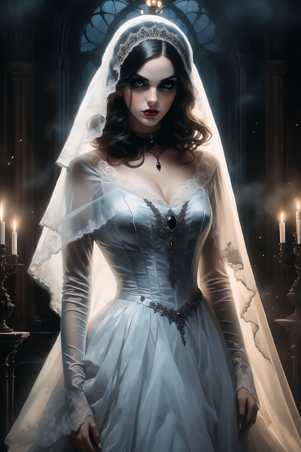 portrait of a sexy beautiful woman dressed in a long elaborate gown,  resembling ghostly figure. She is wearing a black ve...