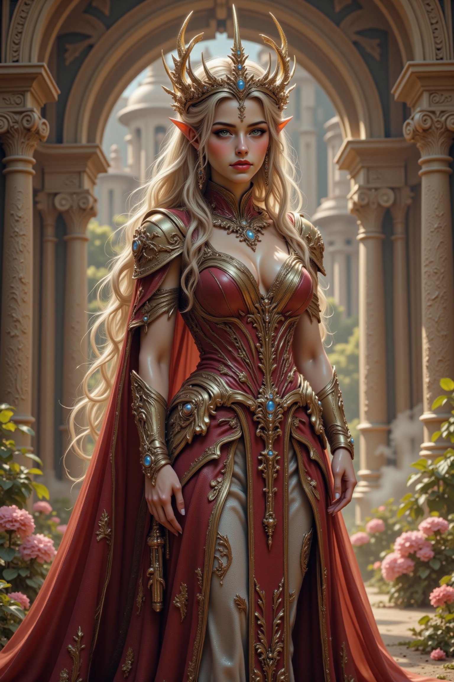 Create an attractive,  beautiful female humanoid alien princess wearing an elaborate royal outfit and she is standing in a...