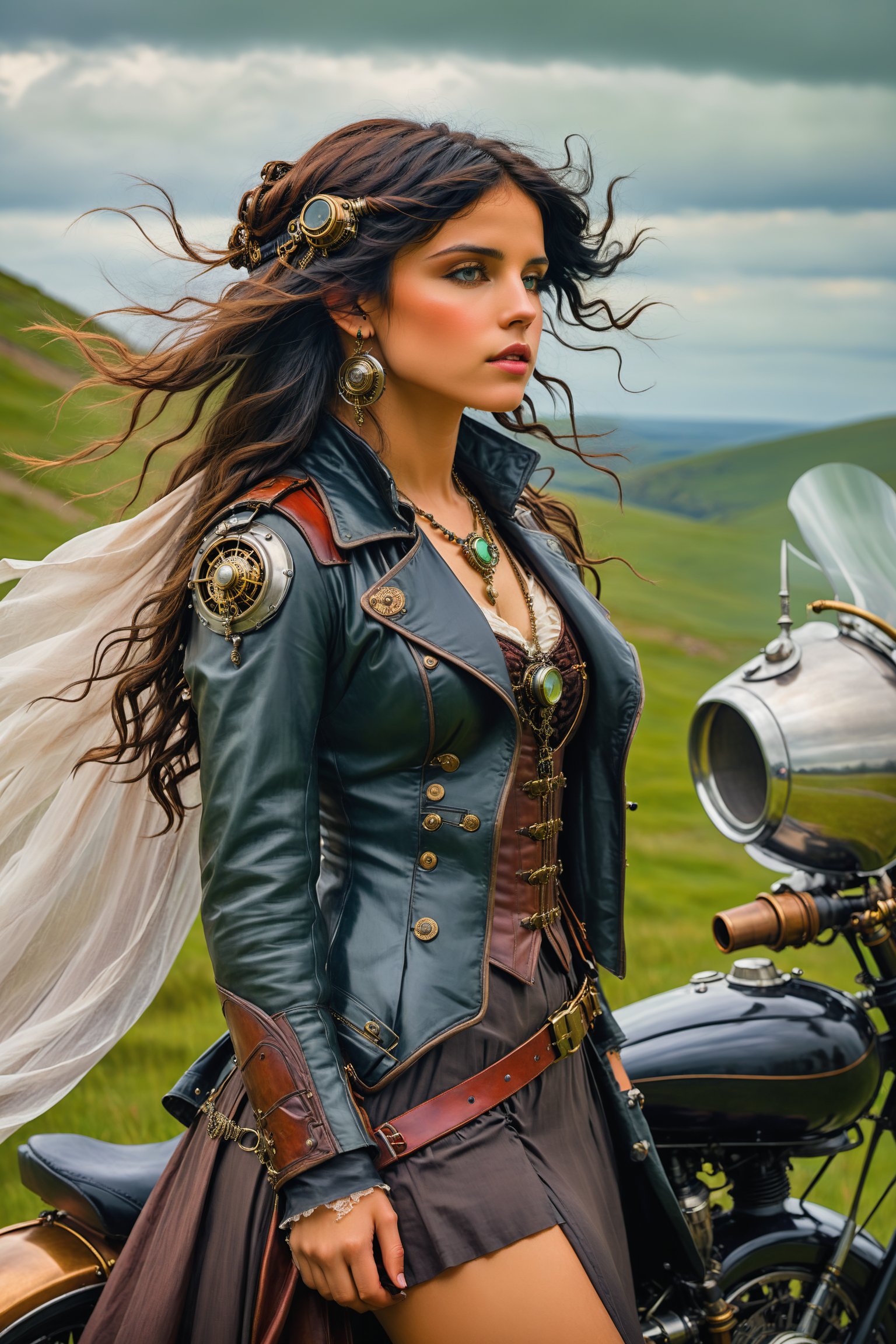 side view, wide view long shot. by john william waterhouse, pre-raphaelite, a beautiful steampunk slim, tall young woman standing next to a steampunk motorcycle next to a windy road in the green hills. she has curly long jet black hair blowing in the wind. she wears an elaborate steampunk victorian outfit, long steampunk earrings, elaborate syeampunk necklaces, jacket, cloak and boots. john william waterhouse, pre-raphaelite, perfect female anatomy.