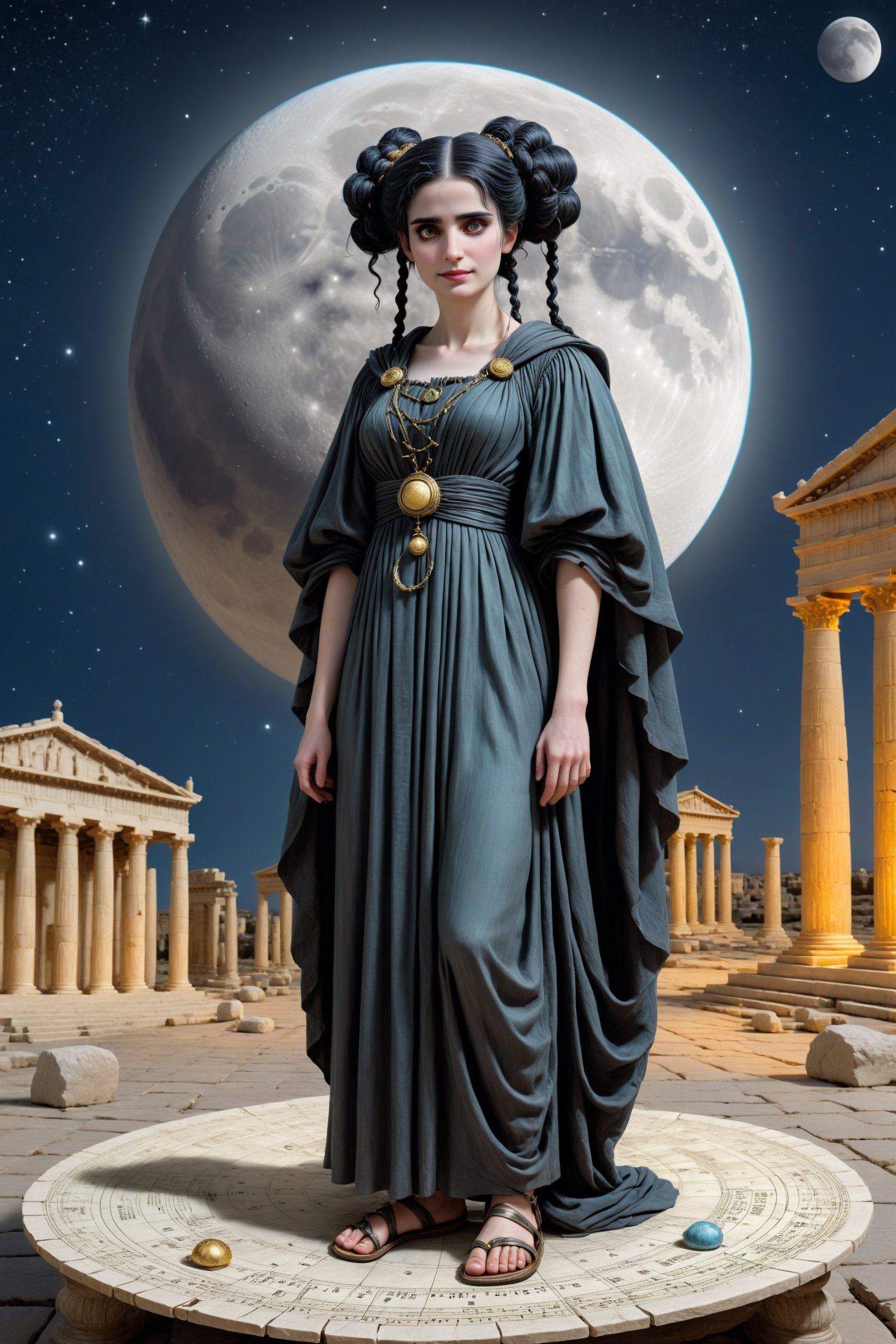 Cinematic scene - long shot of a 40-year old Hypatia of alexandria, mathematician, astronomer, and philosopher in ancient Alexandria in a fusion of rococo, greco-roman and gothic punk. she has jet black hair in elaborate braids and buns. she has round large big copper eyes, she has a benevolent smile and intelligence emanates from her. she wears a modest floor length "philosopher's cloak" a Ionic chiton or doric chiton, and roman sandals on her feet. she is facing away from the viewer standing next to a large ancient wooden table outside under the night sky with a full moon and stars in ancient alexandria egypt. on the table sits a large illustrated astronomical astrological map and a pile of papyrus scrolls. she holds a small replica of the moon in one hand, astrolabe in the other hand. she is an astronomer and teacher. perfect female anatomy, goth person, pastel goth, dal, Gaelic Pattern Style, Cinematic scene - long shot