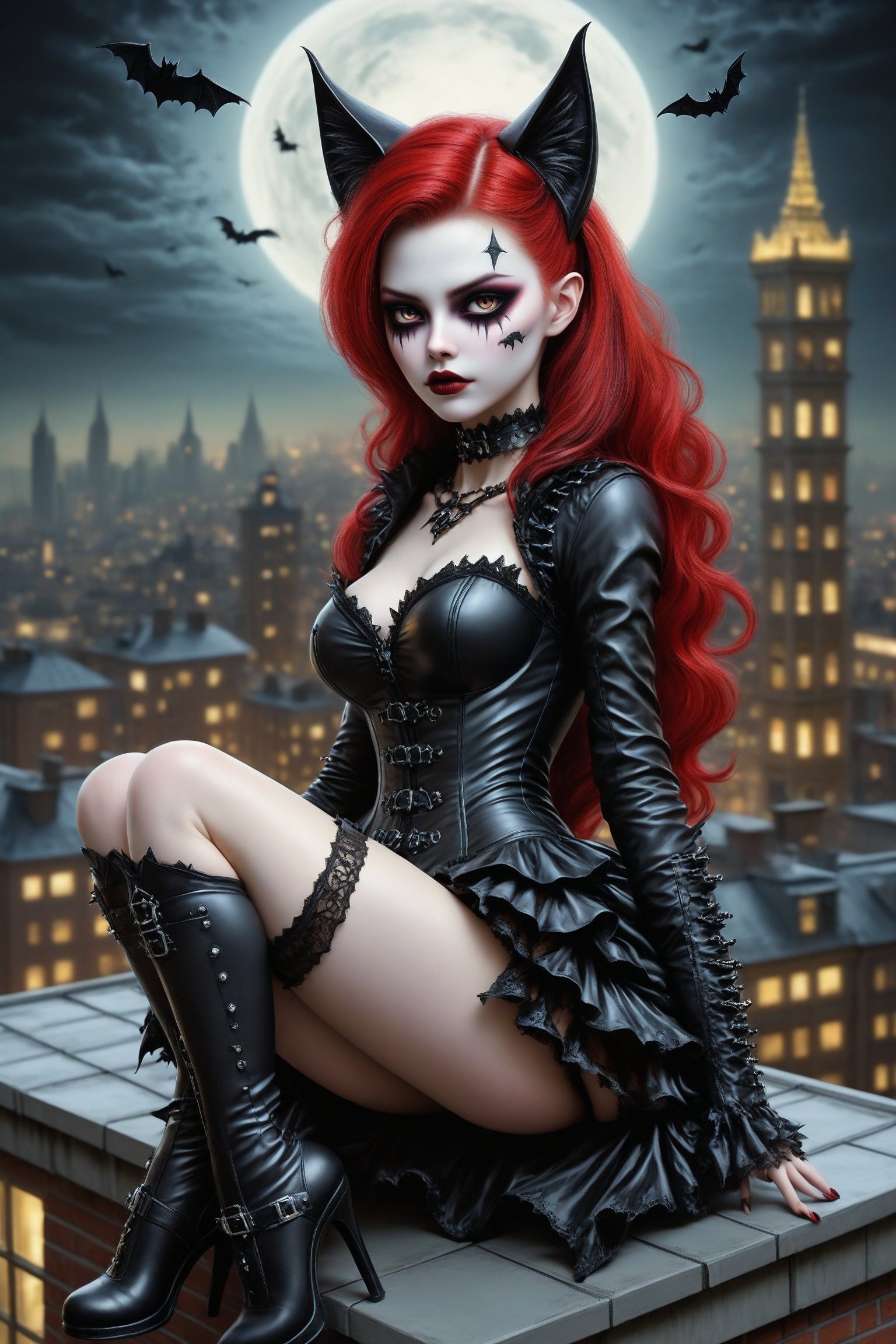 full body shot, action shot, a beautiful stunning cat woman, she sits on the edge of a roof of a high rise buliding at night legs dangling over the edge. (((she looks away from the camera))) side view, a fusion of elaborate gothic, punk rococo, gothic, lolita and punk. she has large, round cat eyes. vivid very long red hair, she has elaborate gothic make-up, cat ears,  perfect female anatomy, goth person, pastel goth, dal, Gaelic Pattern Style,