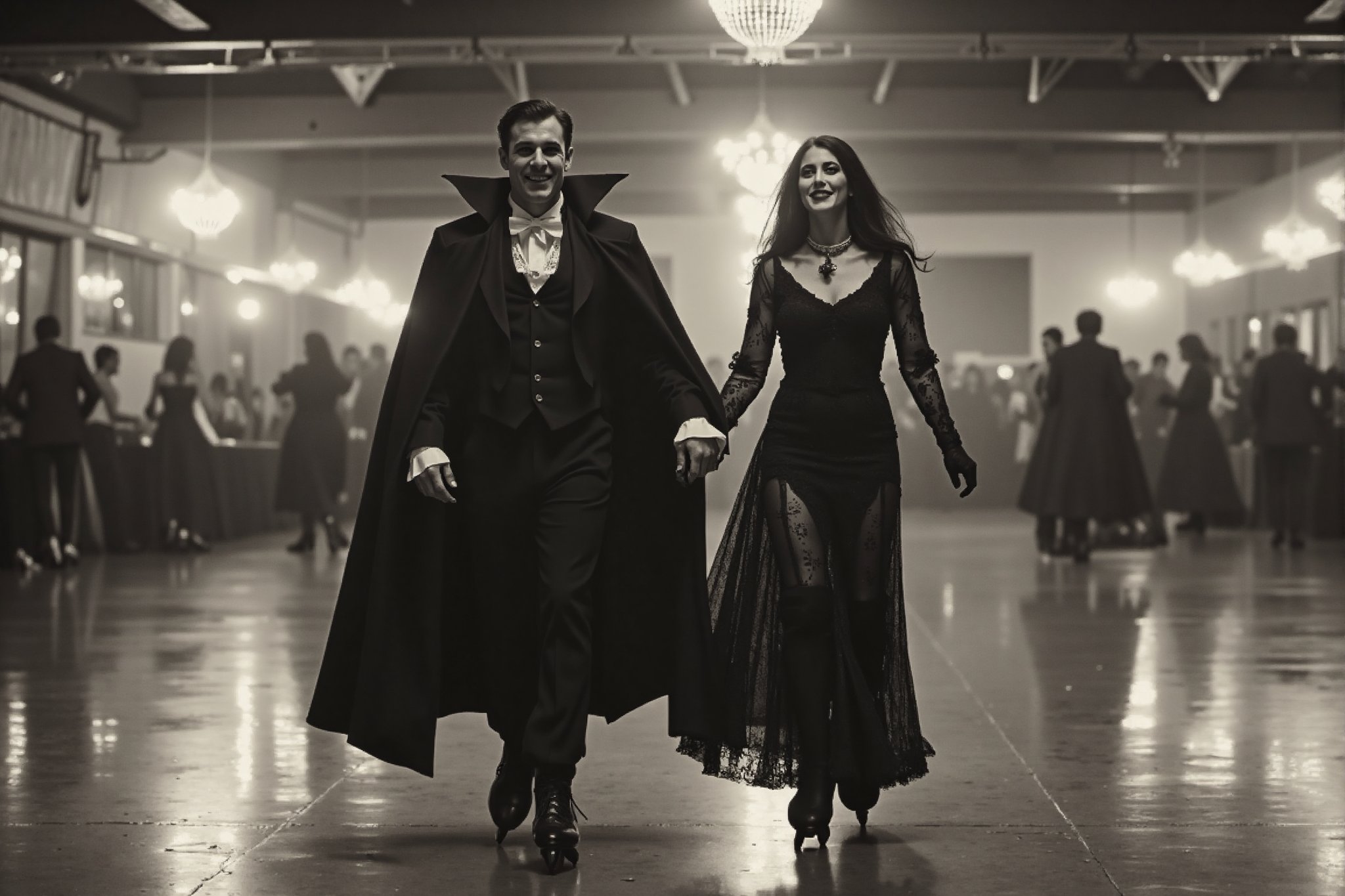 long shot, full body shot, a realistic, detailed, photograph, b&w black and white sepia photo, showing a roller skating rink. Dracula wearing his vampire cape and costume and his young female vampire partner very long black hair, dark gothic eye make-up, black lipstick wearing her vampire dress are holding hands, smiling and roller skating fast. a mirrorball is glittering, the atmosphere is eerie and strange.