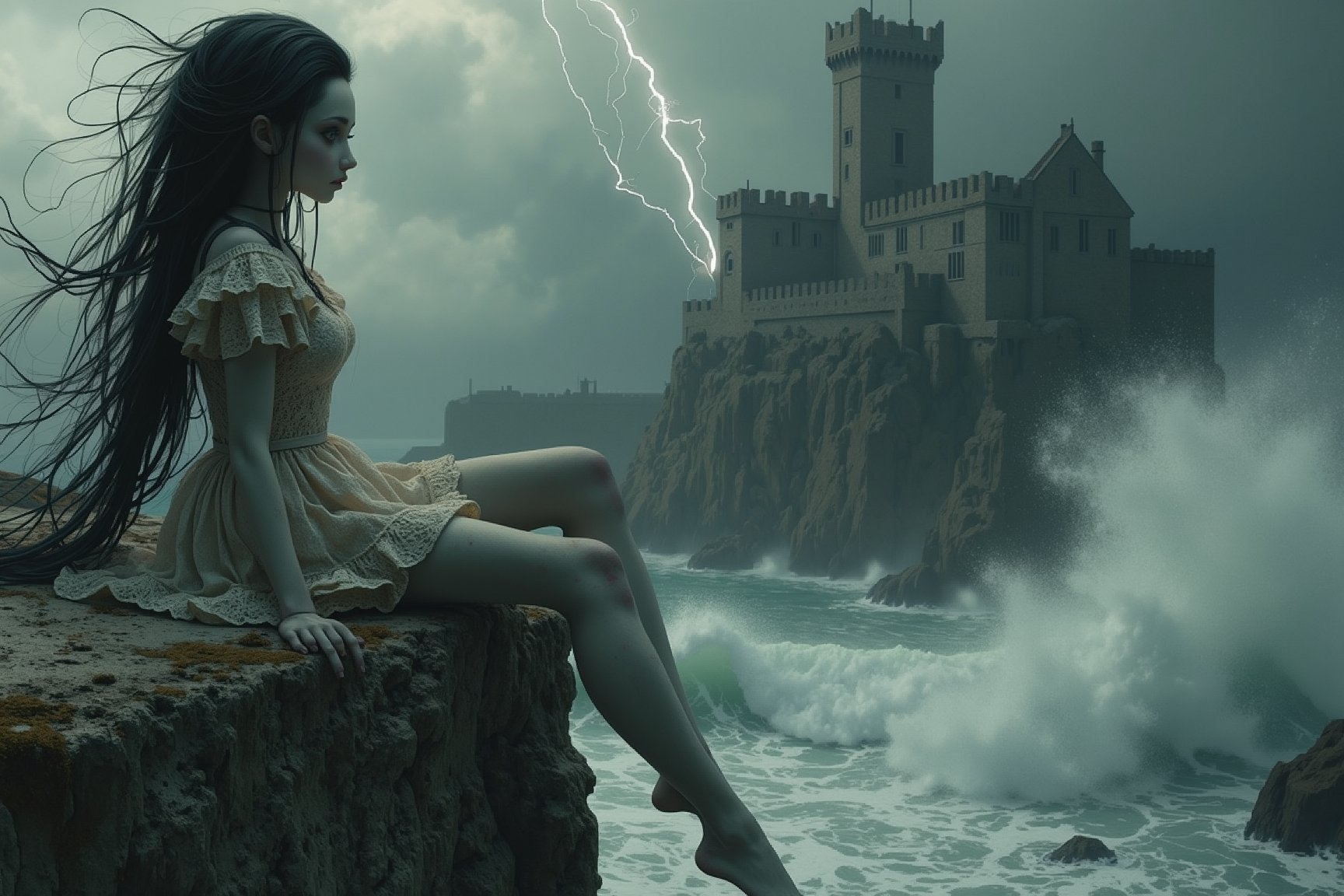 long shot, side view, a beautiful doll-like figure with large detailed eyes and pale porcelain face sits on the edge of a cliff overlooking the stormy seas and waves below. the sky is dark with storm clouds and in the distance is a medieval castle perched on a cliff, surrounded by dark clouds and lightning, standing resilient against the elements as the storm rages around it. she has long messy black layered big hair. she wears a dirty, messy elaborate lace dress, stockings as her legs dangle off the cliff's edge. she stares at the ocean as the storm rages. full body shot. in the style of Toon Hertz, Mark Ryden, Nicoletta Ceccoli