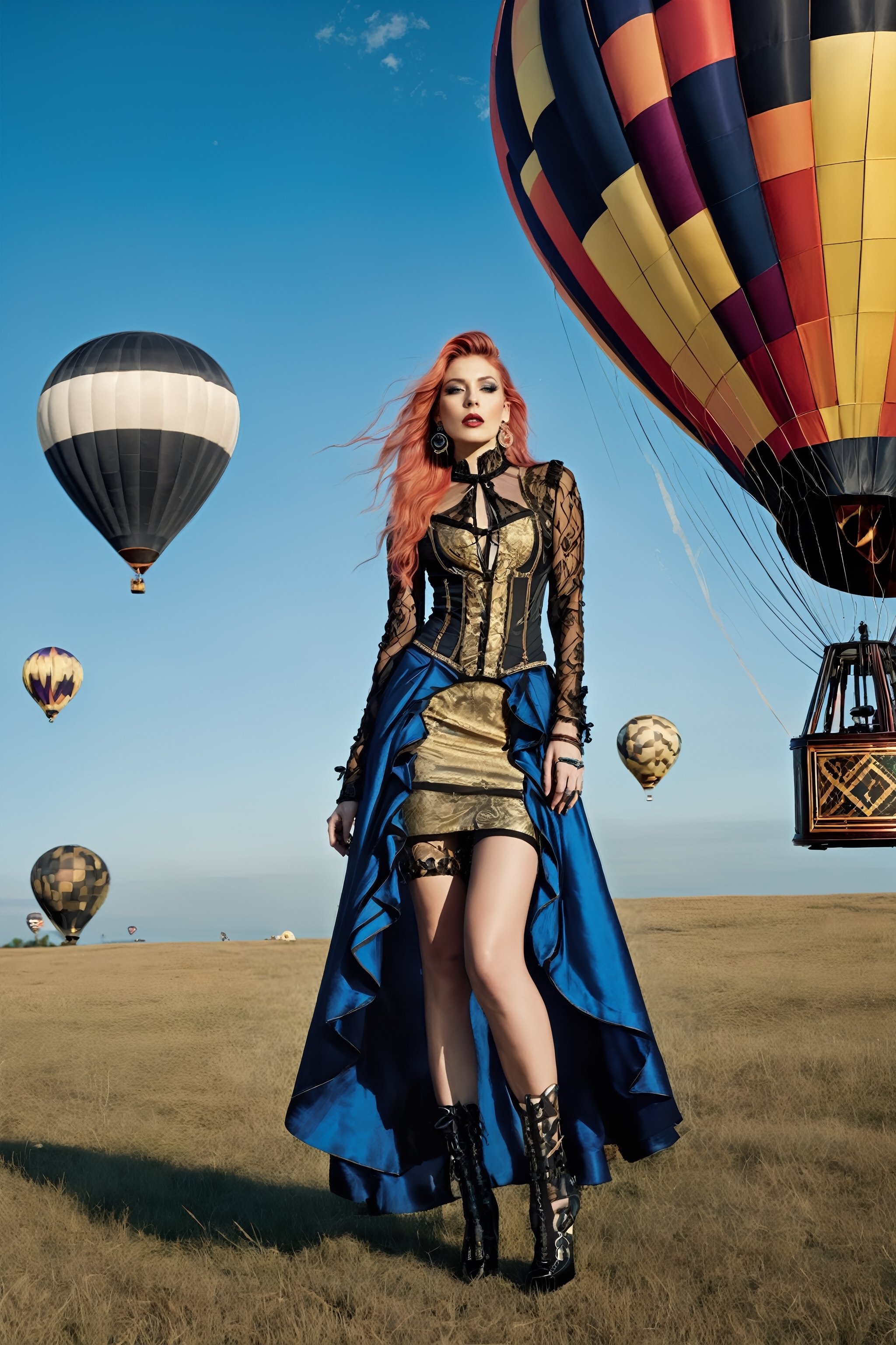 Envision elaborate futuristic victorian inspired women's clothing made of colored silk,  denim,  embroidered with art deco...