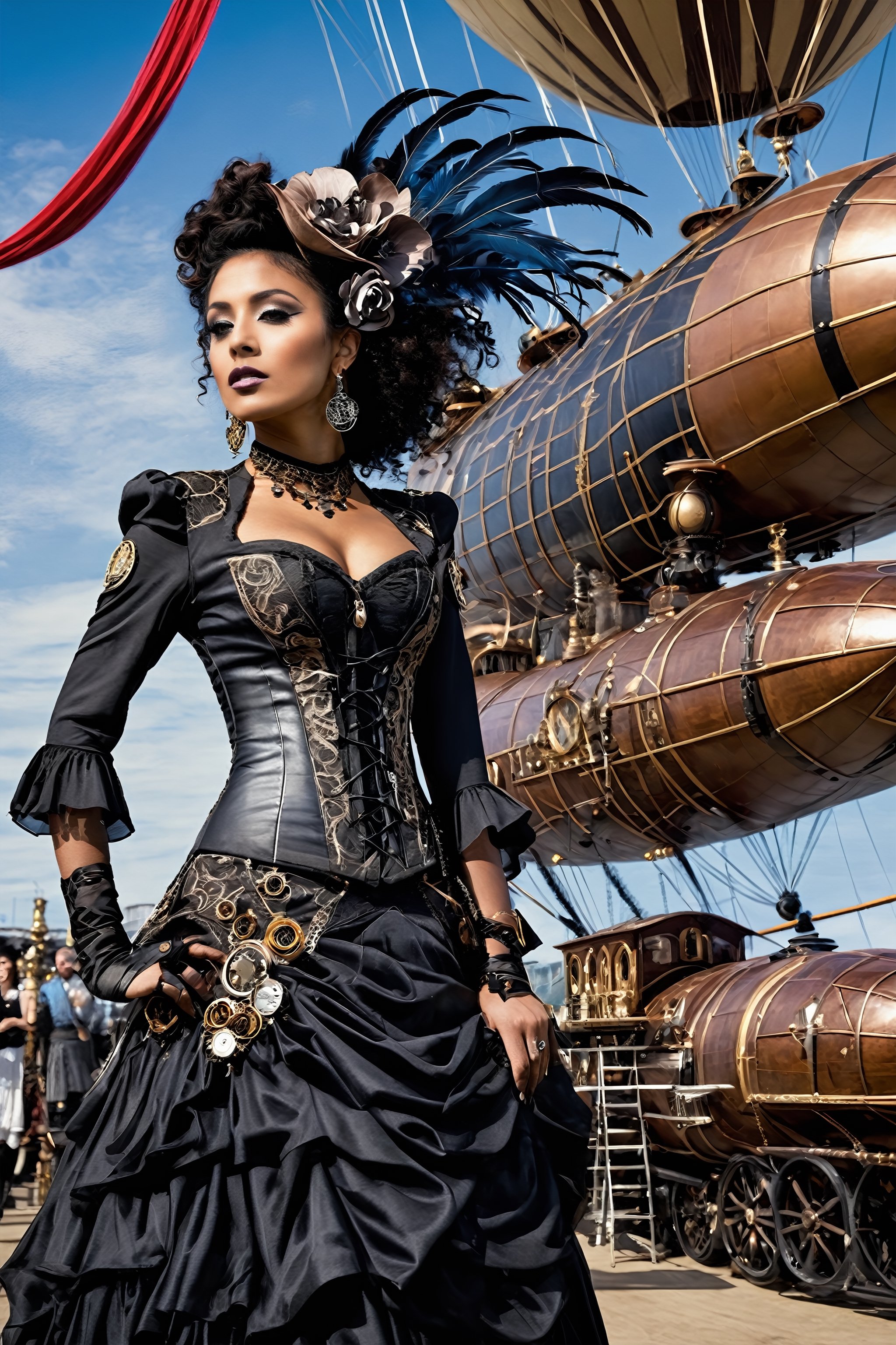 Envision a futuristic-Victorian-steampunk fusion world,  where the grace of passion flower and black roses featuring cutti...