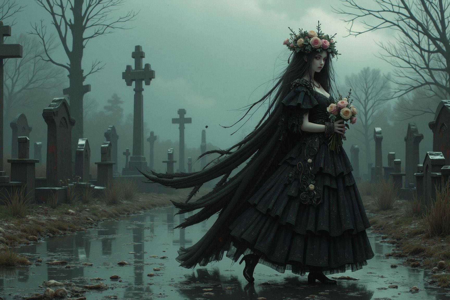 side view, long shot of a beautiful sad gothic girl, long hair, wearing an detailed elaborate gothic outfit. walking in a cemetary in the rain, cloudy sky, reflections in the puddles of water. the girl holds a bouquet of broken hearts and roses. in the style of Toon Hertz, Mark Ryden, Nicoletta Ceccoli