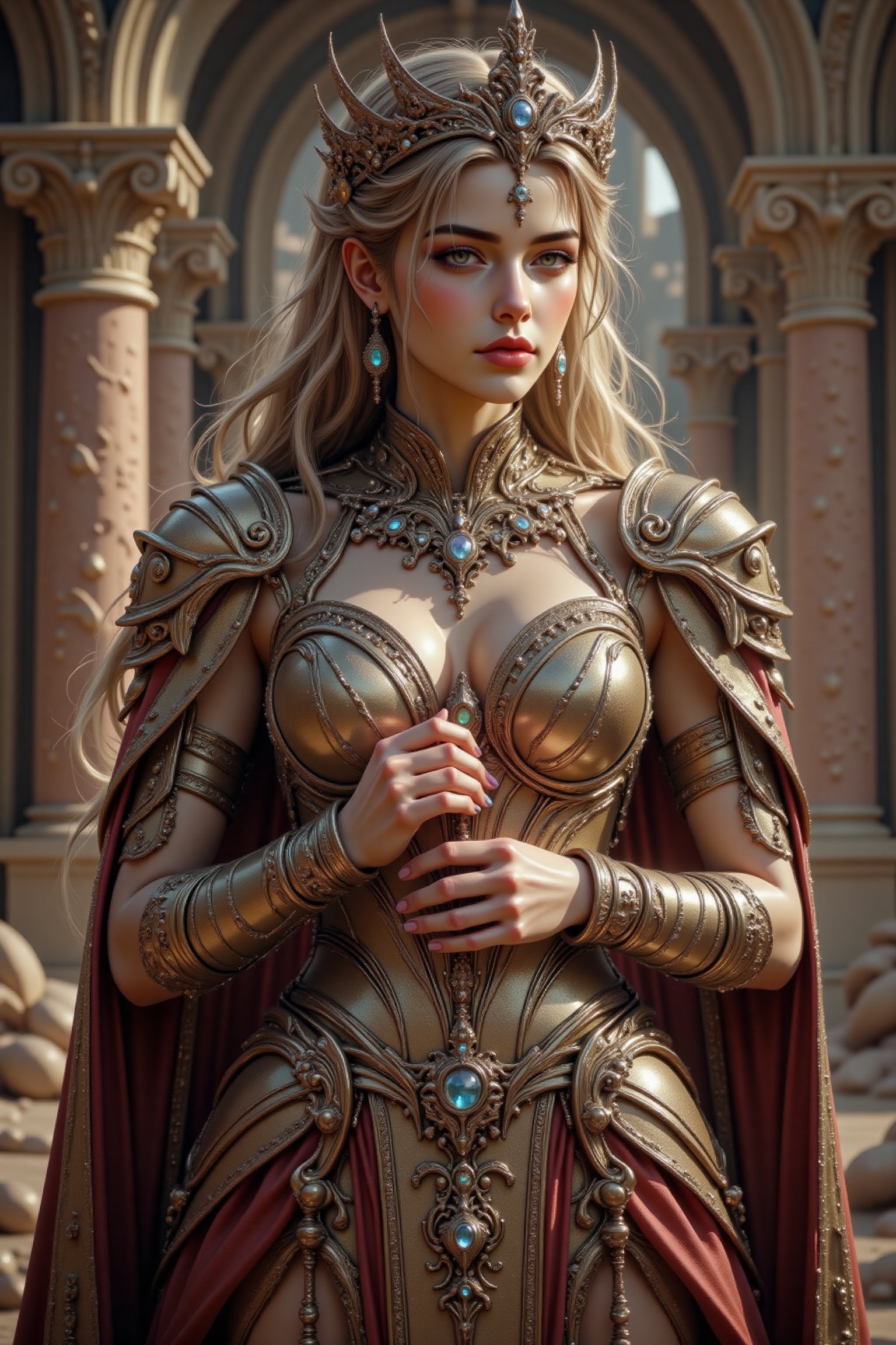 Create an attractive,  beautiful female humanoid alien princess wearing an elaborate royal outfit and she is standing in a...