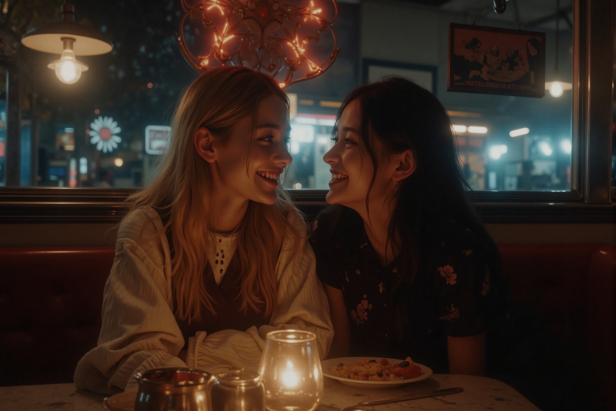 long shot A scene of a high school age blonde young woman and her dark haired friend siting side by side close next to eac...