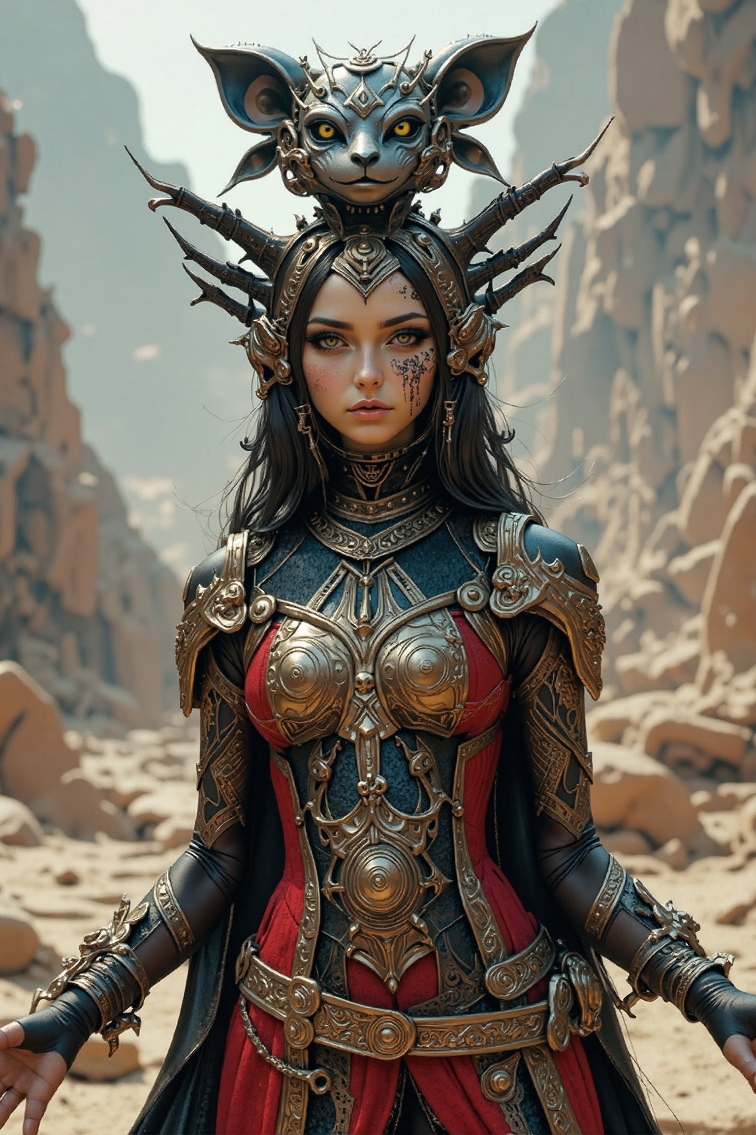 Create an attractive,  beautiful female alien queen wearing an elaborate futuristic unique outfit and she is standing in a...