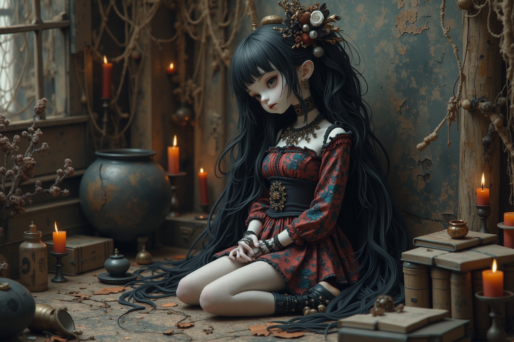 long shot, side view, in the distance is a beautiful doll-like figure with large detailed eyes and pale porcelain face. she sits on the floor. she has long black and white streaked layered big hair. she has elaborate decorations and adornments in her hair. she wears a long elaborate gothic dress in colors of red, blue, and black. she wears chunky lace up boots and lace stockings. elaborate gothic jewelry. she sits on the floor in a  witches lair with spell books, potions, occult items, cobwebs, and a large cauldron, where the weight of forgotten magic hangs heavy in the air. illuminated by candlelight. full body shot. in the style of Toon Hertz, Mark Ryden, Nicoletta Ceccoli