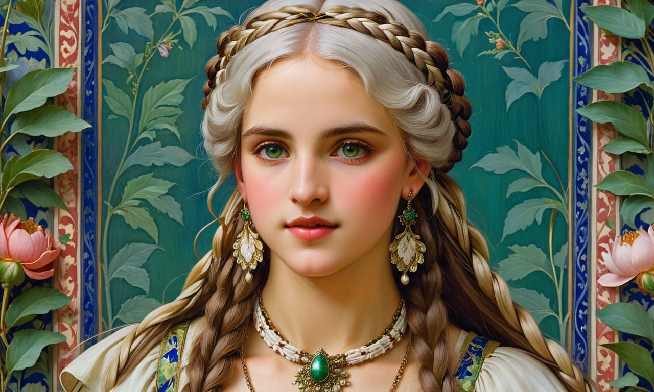 close up portrait, john william waterhouse, pre-raphaelite, a beautiful gothic woman stands in front of a wall covered in intricate william morris wallpaper. she wears elaborate dangle earrings and necklace. she has long big white hair in elaborate braids and buns and green eyes. she has a sweet innocent smile. she wears an elaborate pre-raphaelite gown. john william waterhouse, pre-raphaelite, perfect female anatomy.