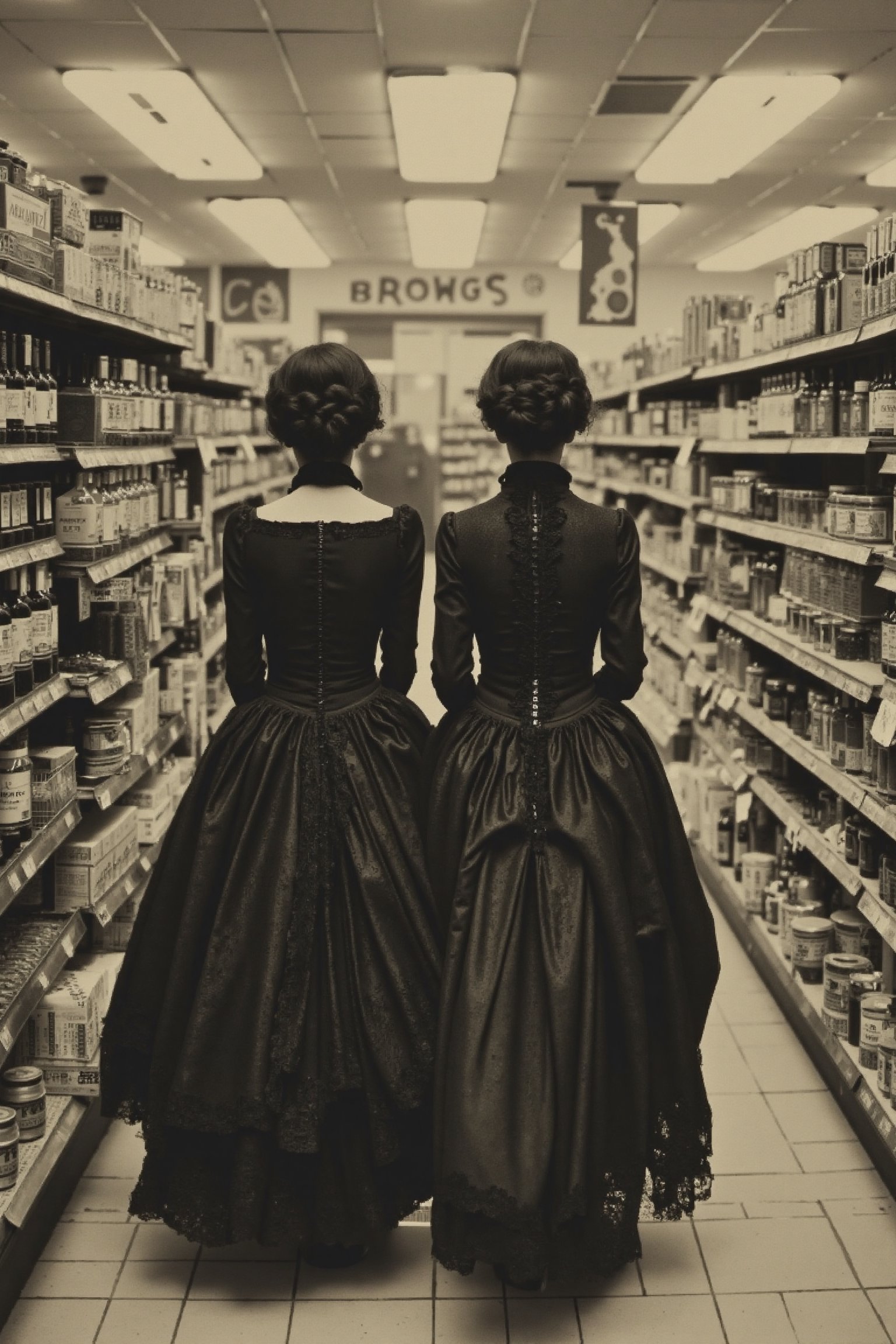 a realistic, detailed, photograph, b&w black and white sepia photo, to beautiful gothic twins, elaborate gothic dresses, long black hair in elaborate braids and buns, dark gothic make-up are walking down the aisle in a 1950's era grocery store. they are in their gothic costumes. the atmosphere is eerie and strange.