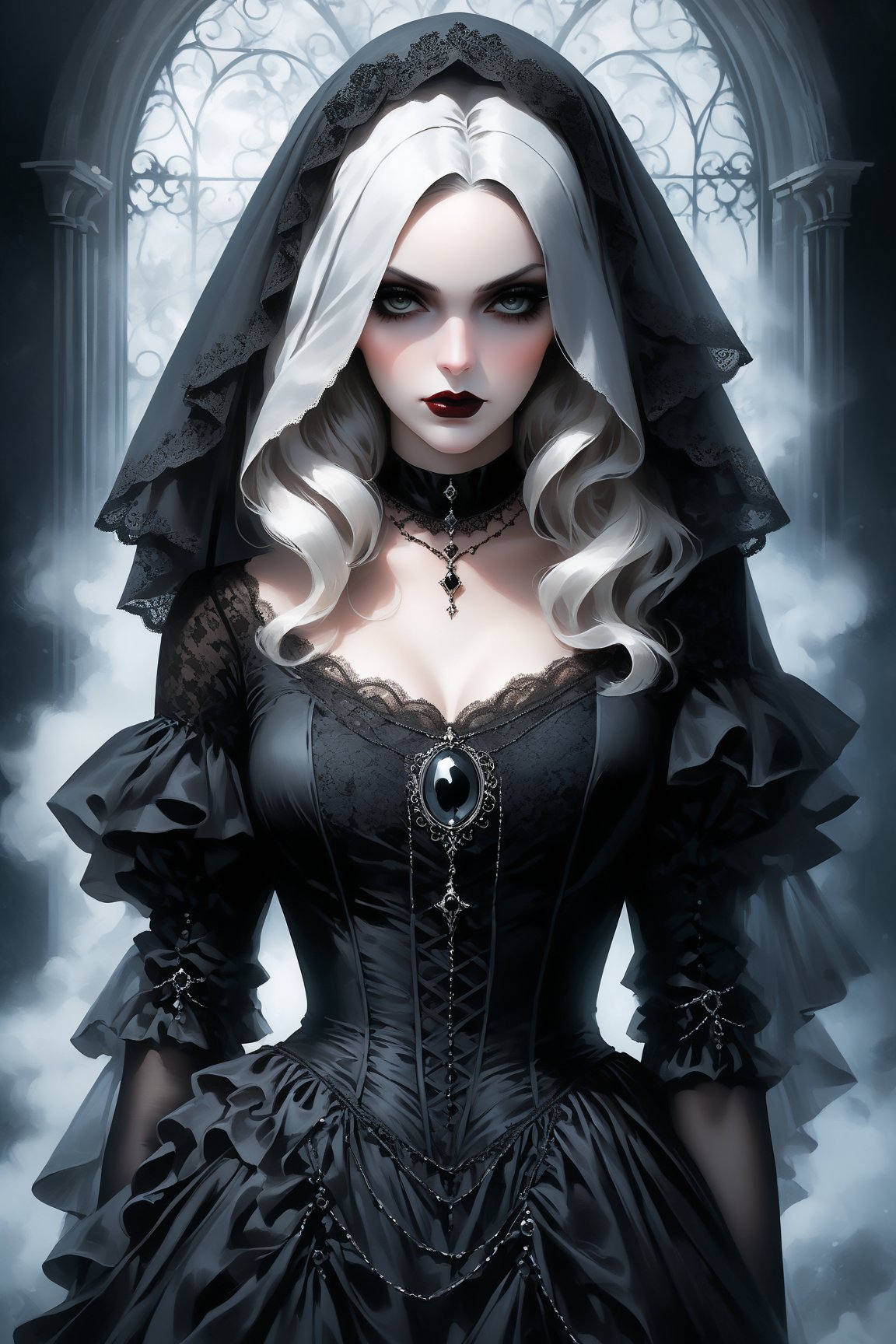 head to waist portrait of a sexy beautiful woman dressed in a long elaborate black gothic gown,  resembling ghostly figure...