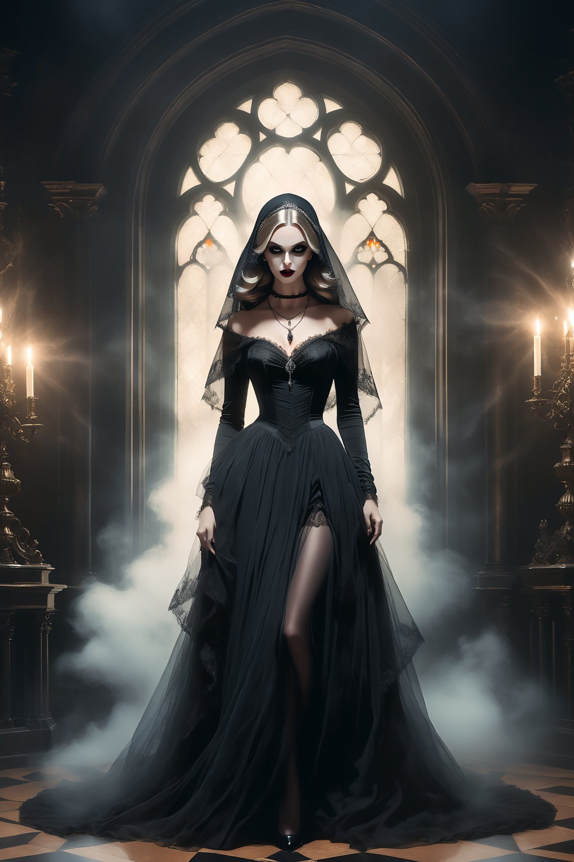 poster of a sexy beautiful woman dressed in a long elaborate gown,  resembling ghostly figure. She is wearing a black veil...