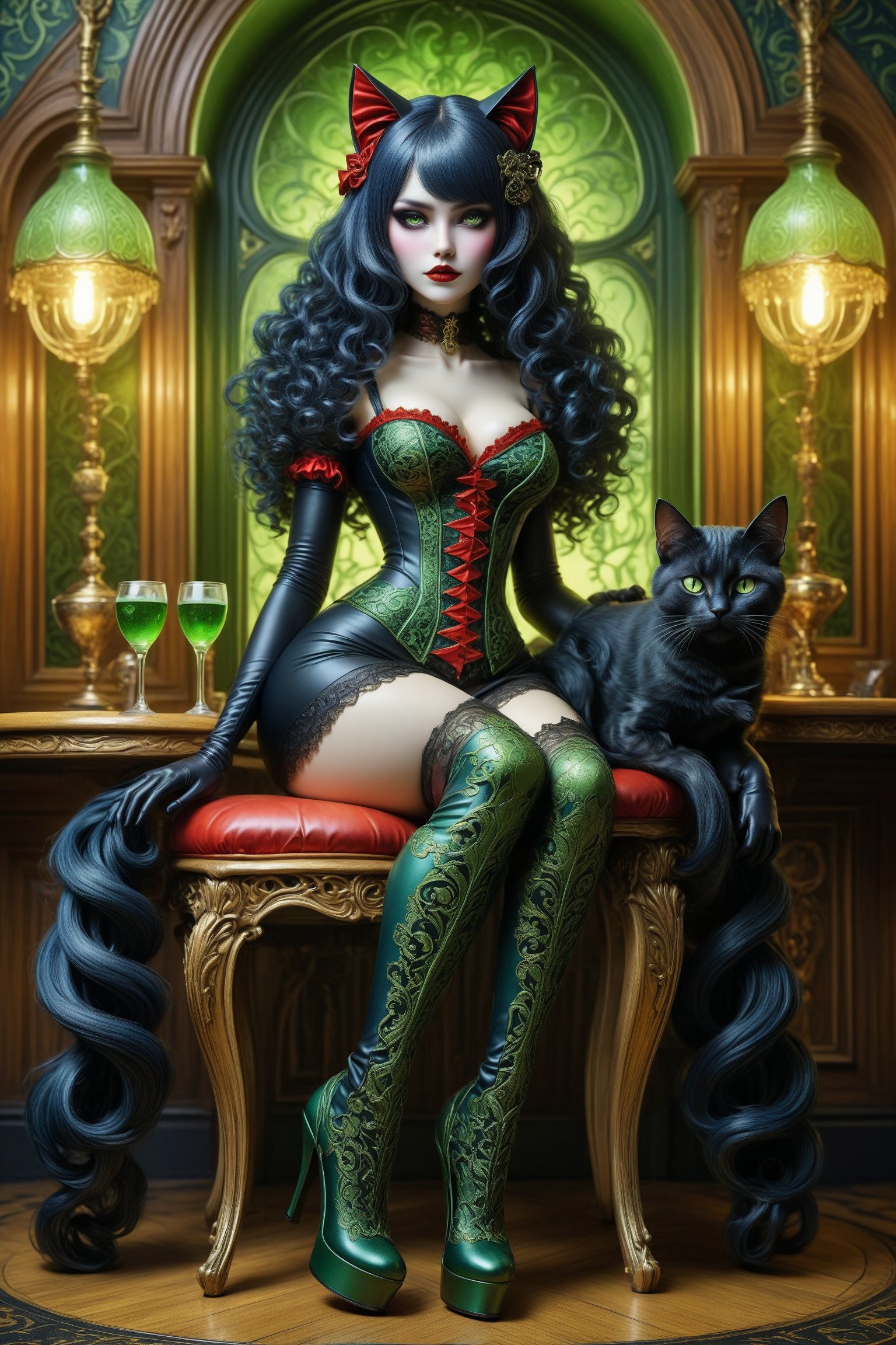 full body shot, a beautiful stunning cat woman, she sits on a wooden art nouveau-inspired stool in a french absinthe bar at night. bottles and glasses of green absinthe are on the table next to her. her beautiful outfit is a fusion of elaborate rococo, high fashion gothic, brocade patterns, rich fabrics, rich colors of dark blue, gold, red. knee high boots. she has large, round cat eyes. very long curly jet black hair, cat ears, perfect female anatomy, goth person, pastel goth, dal, Gaelic Pattern Style,