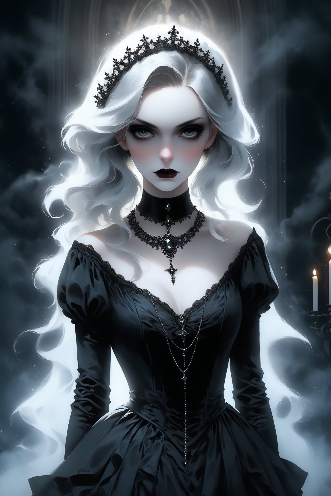 portrait of a sexy beautiful woman dressed in a long elaborate black gothic gown,  resembling a ghostly figure apparition....