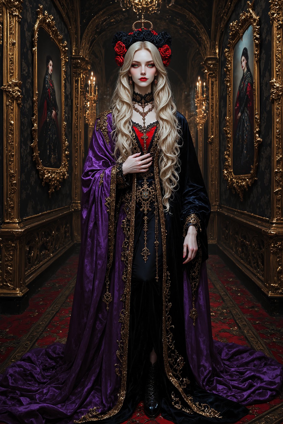 long shot,  full body,  A captivating elegant and beautiful young tall gothic priestess woman draped in cascading rich pur...