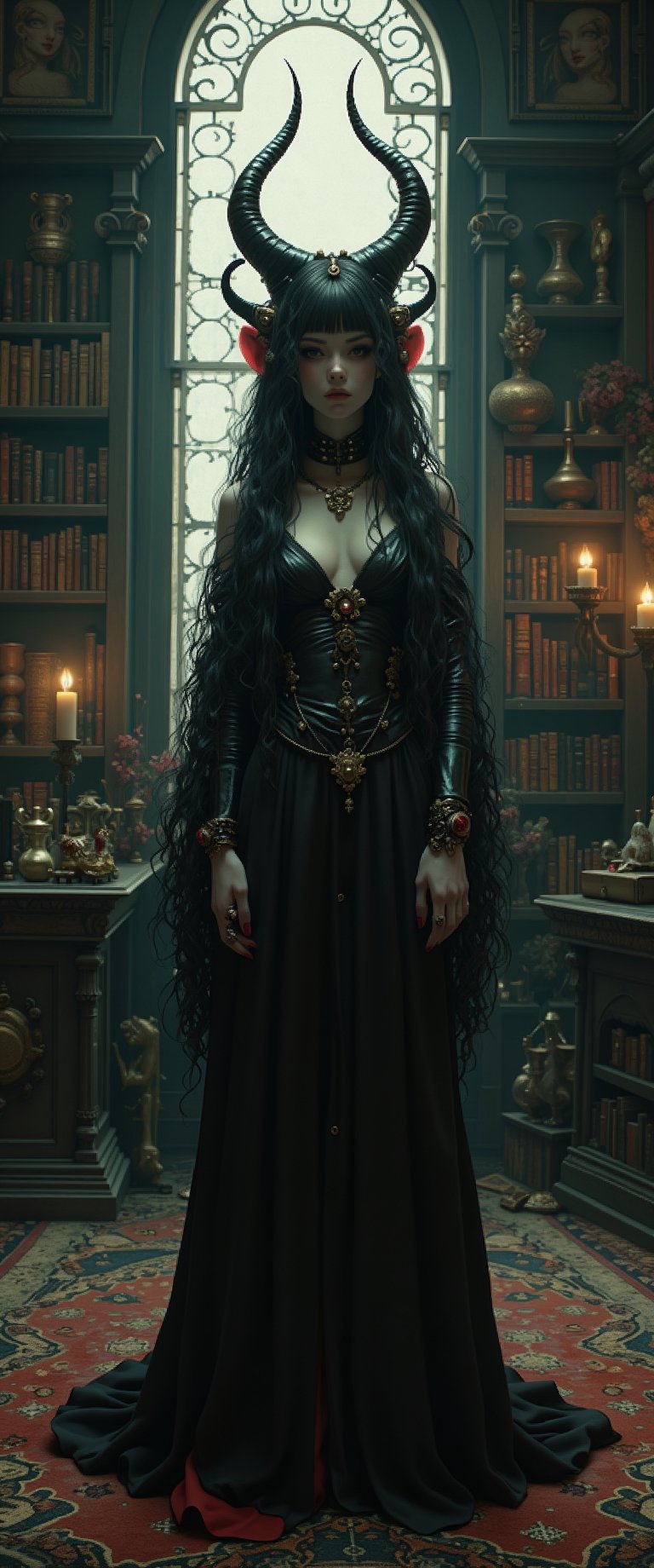 long shot, full body shot, A masterpiece of photorealistic artistry! A stunning Japanese demon girl stands proudly in an ancient witch lair, occult items, decorations, artifacts, objects on bookshelves with ancient leather books, spell books, magic books, pictures of beautiful demons, witches, vampires hang on the walls, a tall gothic window is behind her with long velvet curtains. candles illuminate the library, she has sharp devil demon horns on her head, Her extremely long big curly black hair cascades down her back like a waterfall of night, with blunt bangs framing her striking features. Her large round red eyes shimmer, and her full lips curve into a playful smile as she gazes directly at the viewer. Her pale skin is adorned with intricate jewelry and her long sharp fingernails have vivid colored nail polish, including red and black accents. perfect female anatomy, perfect female hands, perfect manicured fingers, perfect legs, perfect feet