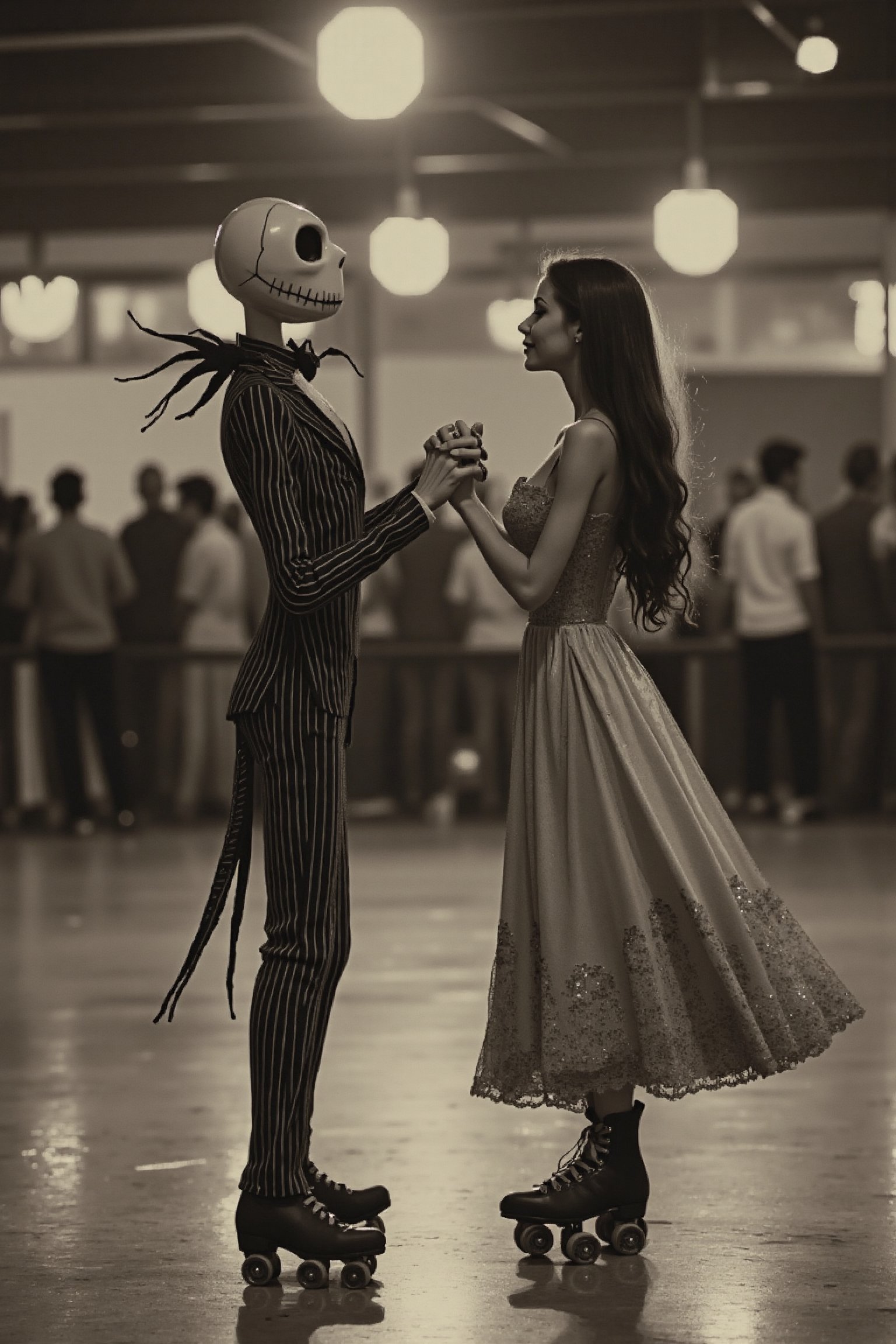 long shot, a realistic, detailed, photograph, b&w black and white sepia photo, the animated cartoon character Jack Skellington from nightmare before christmas and his animated cartoon girlfriend sally, are side by side holding hands roller skating at a roller skating rink at night.