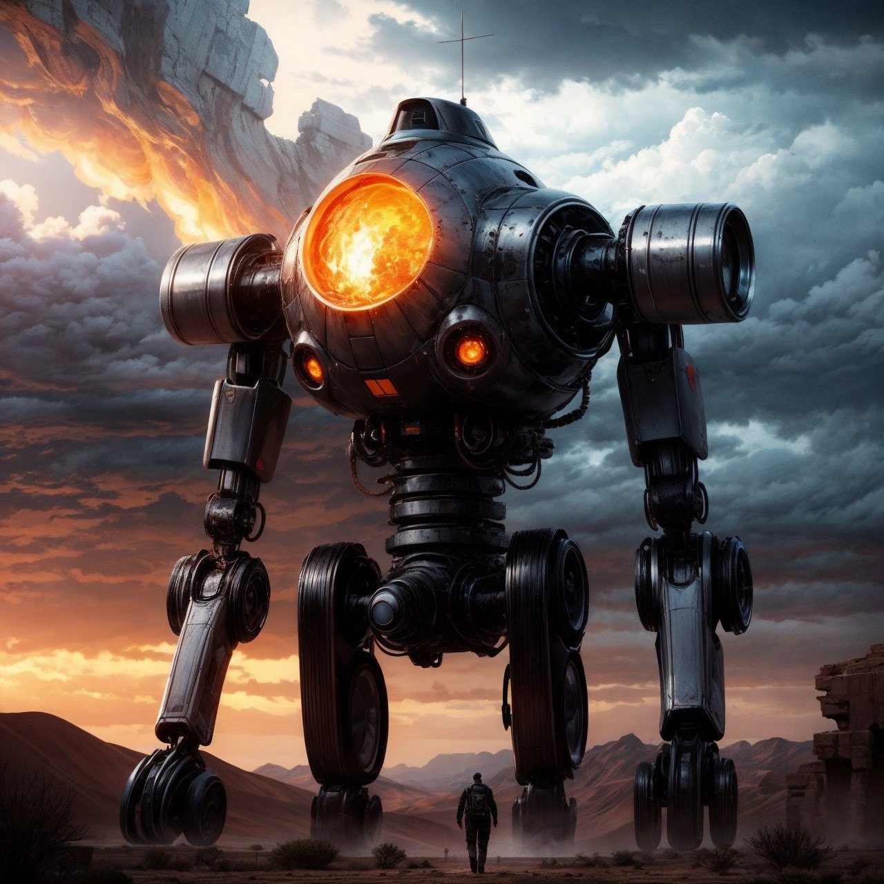 a giant,  20 ft tall android robot is walking across the desert menacing. the android is metallic and machine like,  rusty...