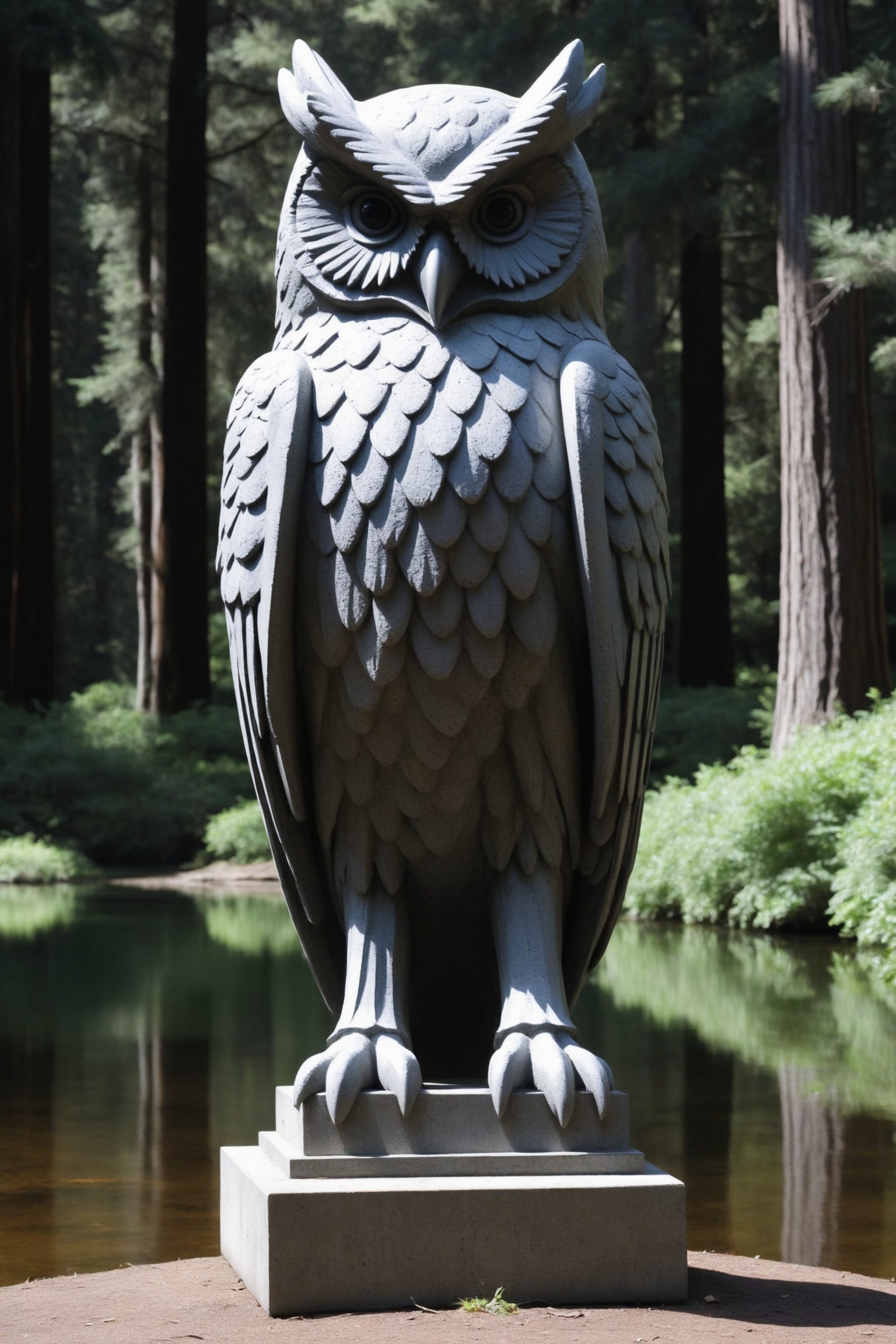 bohemian grove 30-foot (9 m)  owl statue made of concrete stands at the head of the lake in the Grove.