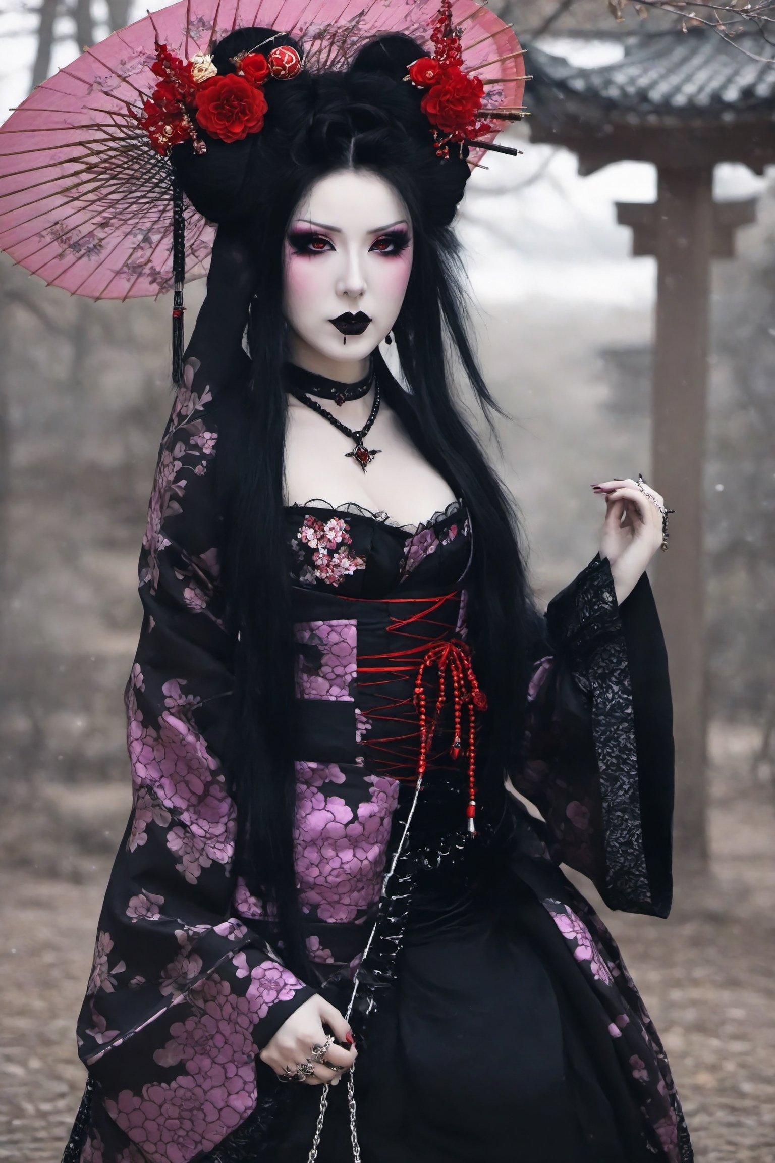 Highy detailed image, cinematic shot, (bright and intense:1.2), full body shot, dynamic pose, crisp, defined, HQ, detailed, HD, dynamic light & pose, motion, moody, intricate, 1girl, (((gothic geisha)) yellow iris detailed eyes, elaborate intense geisha make-up, black lipstick, dark gothic eye make-up, elaborate geisha hair  with gothic ornaments like pentagrams, black lace, chains, multiple piercings on ears, elaborate long dangle earrings, dark gothic geisha outfit, in black, lace, red, purple, colors, attractive, clear facial expression, emotional, hyperrealistic inspired by necronomicon art, fantasy horror art, photorealistic dark concept art, goth person, Extremely Realistic,GothEmoGirl